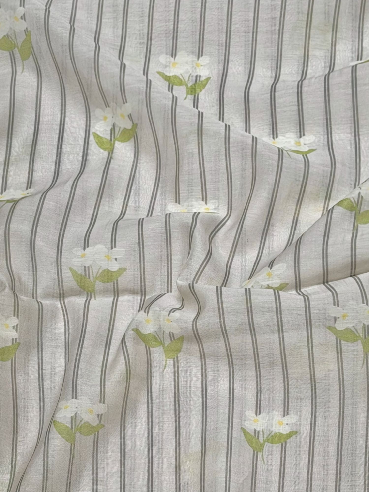 Grey Stripe Floral Mul Cotton Printed Fabric