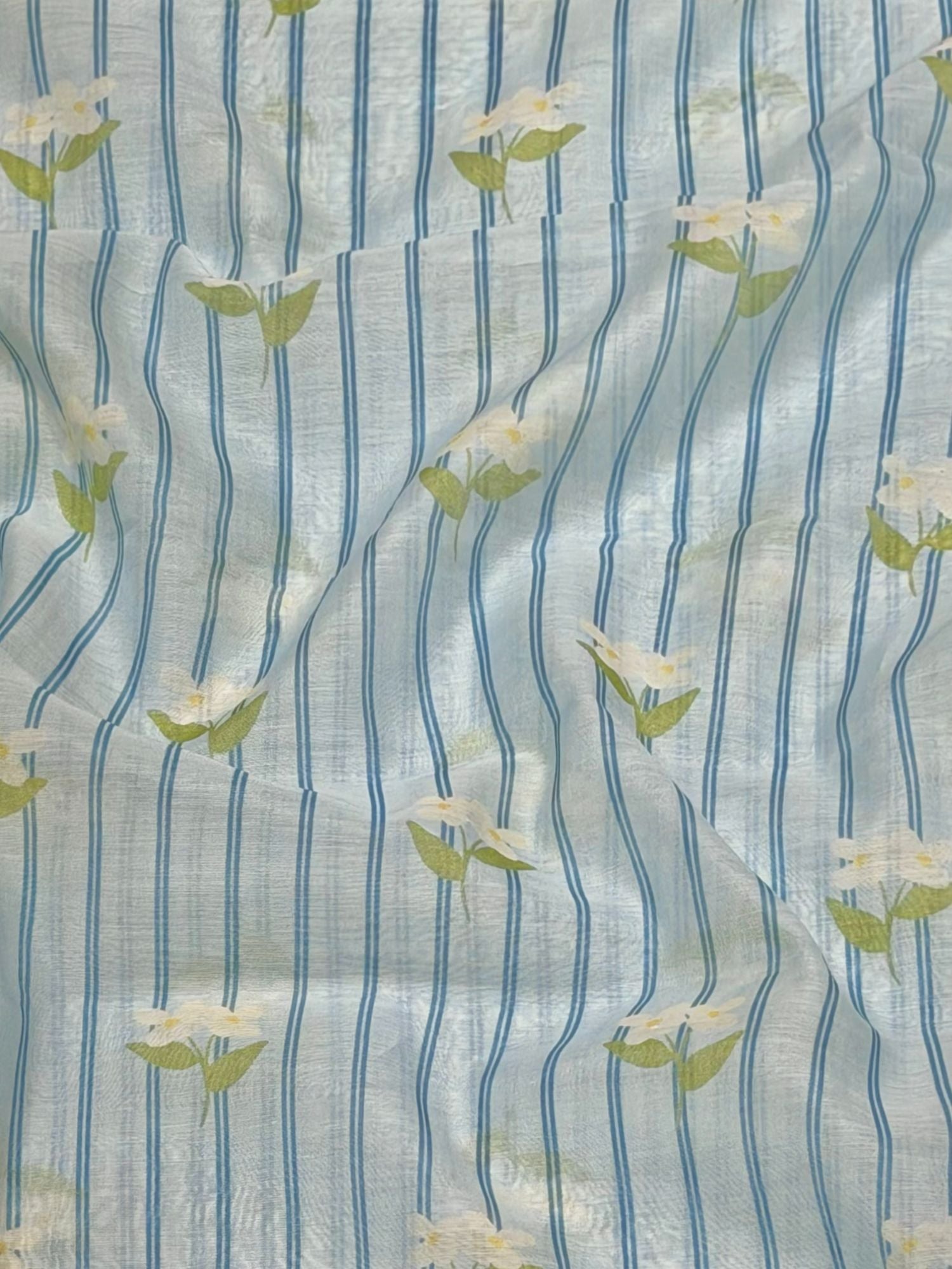Blue Stripe Floral Mul Cotton Printed Fabric