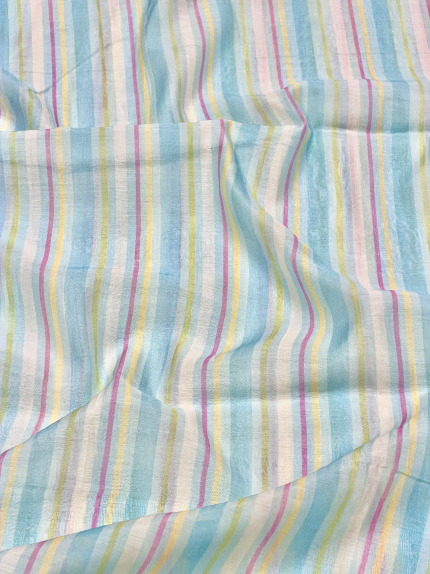 Sky Blue Pastel Stripe Mul Cotton Printed Fabric