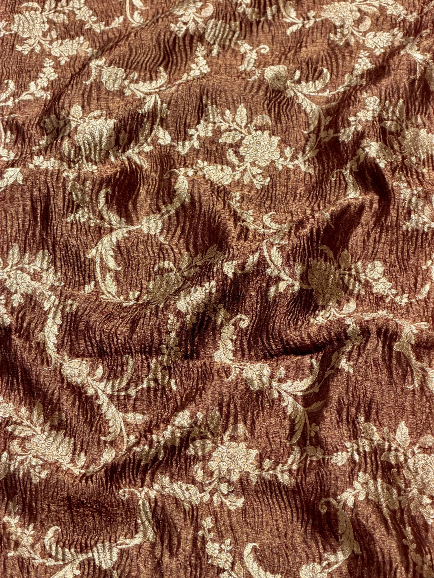 Copper Brown Floral Crush Tissue Silk Fabric