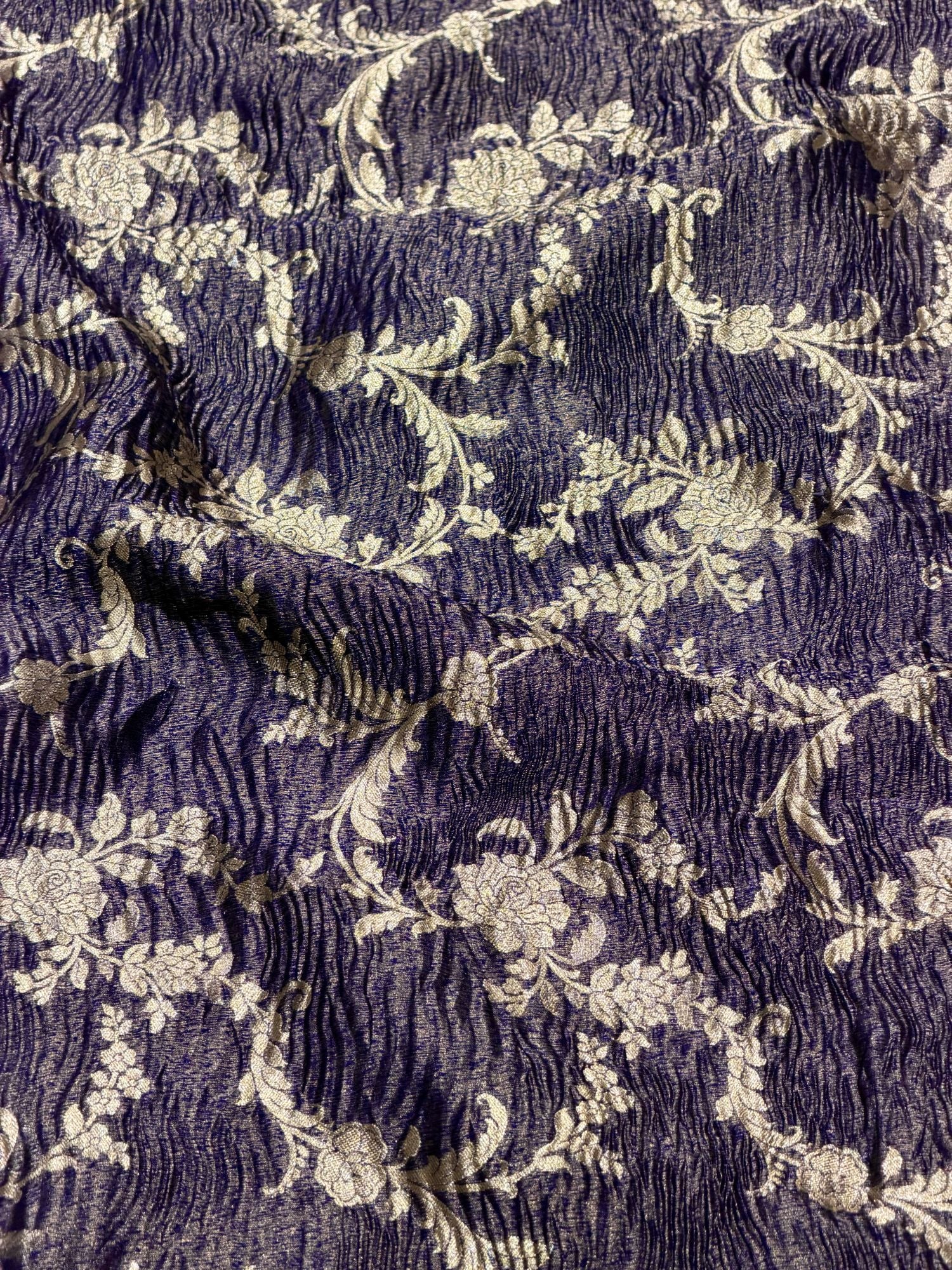 Royal Blue Floral Crush Tissue Silk Fabric