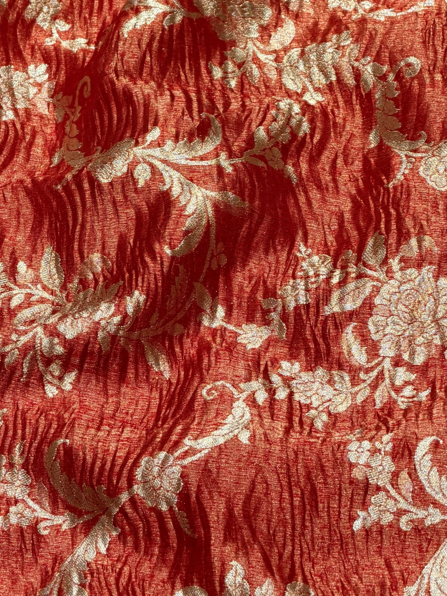 Rust Orange Floral Crush Tissue Silk Fabric
