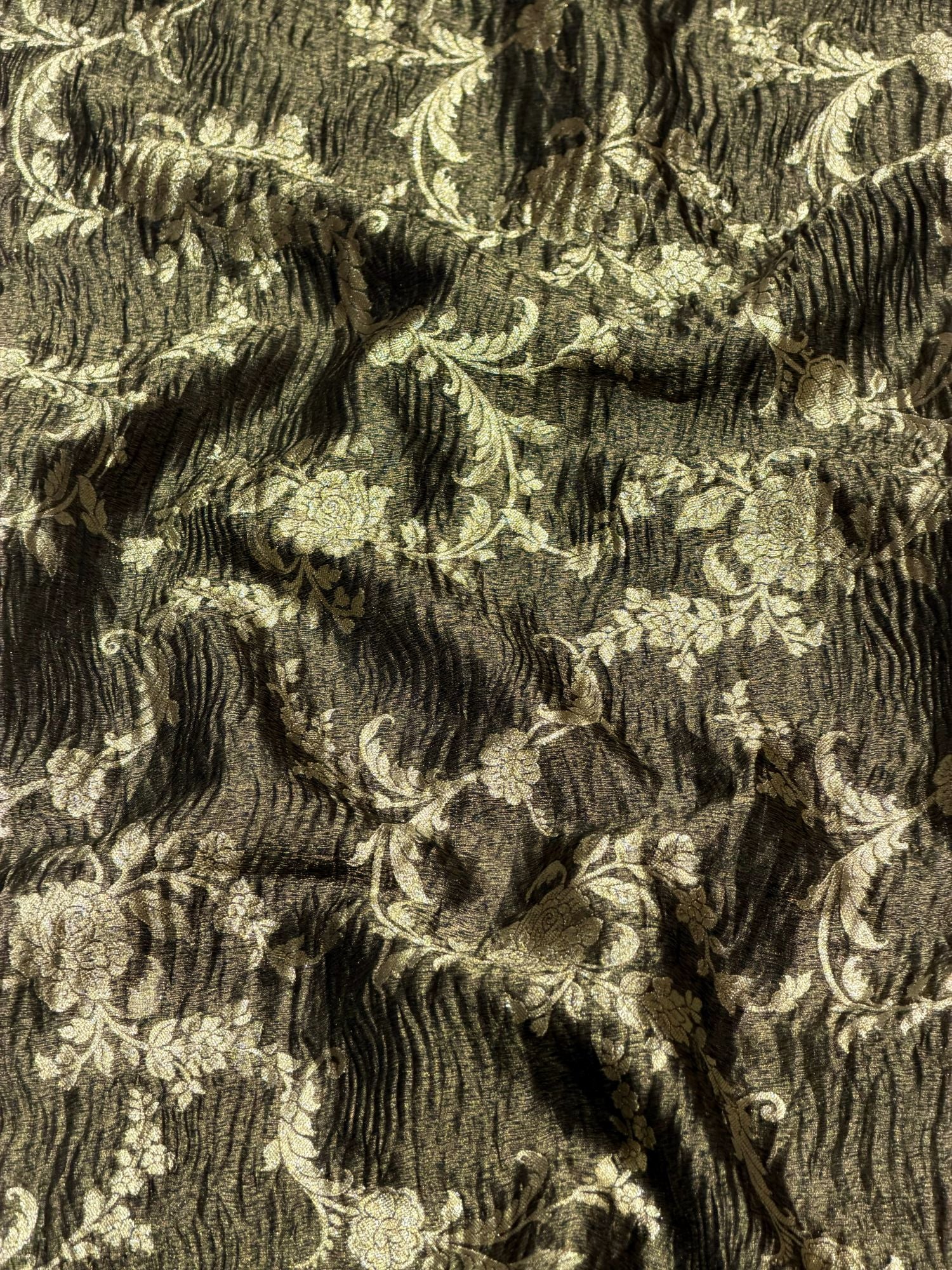 Olive Green Floral Crush Tissue Silk Fabric