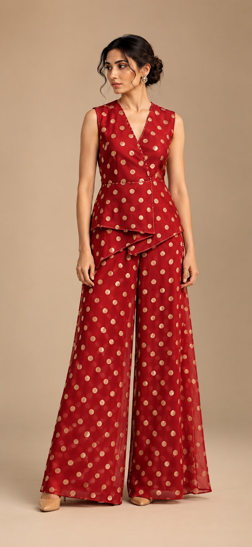 Red Pure Georgette Fabric with Polka Dots