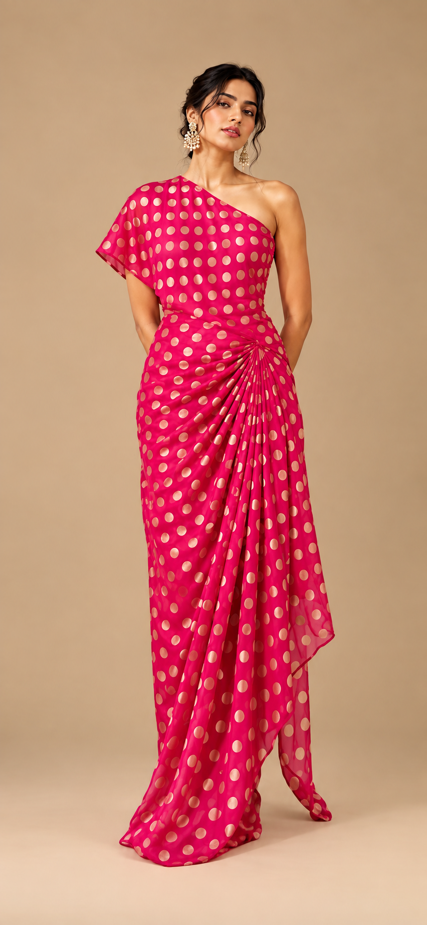 Rani Pink Pure Georgette Fabric with Polka Dots
