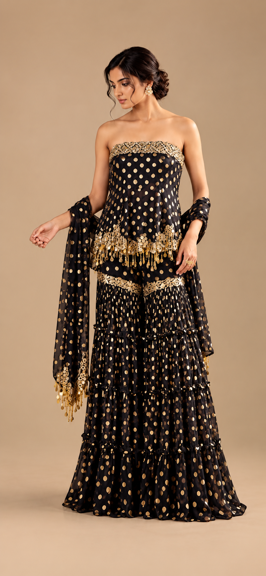 Black Pure Georgette Fabric with Polka Dots