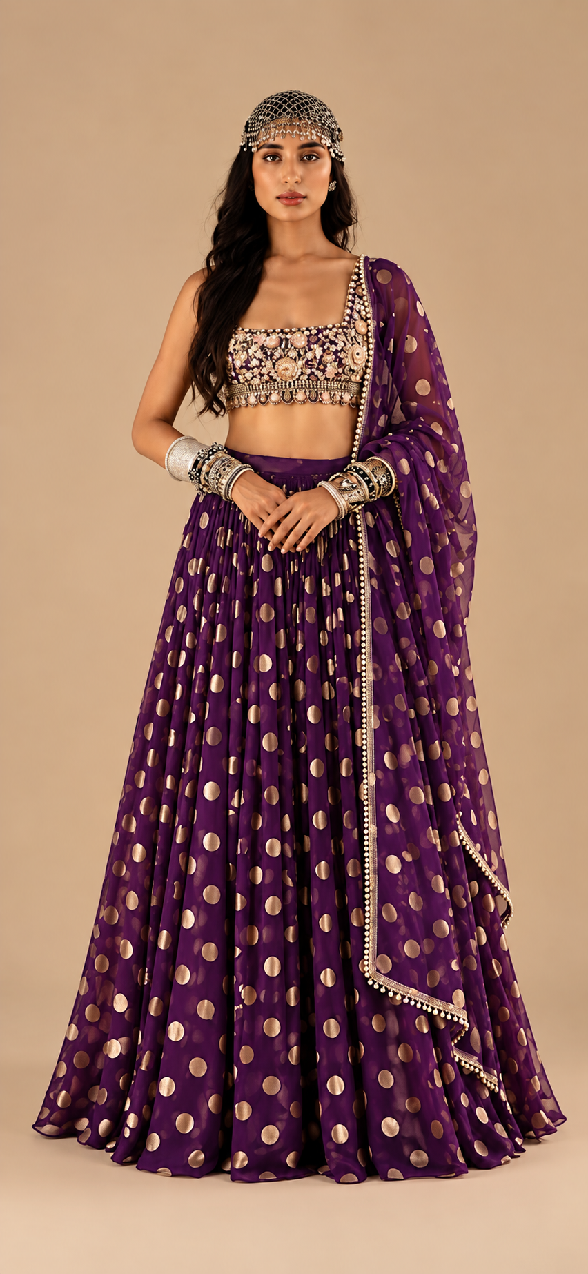 Royal Purple Pure Georgette Fabric with Polka Dots