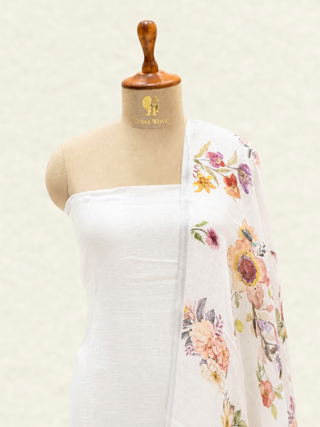 Pure Linen White Floral Printed Suit Set with Elegant Floral Dupatta