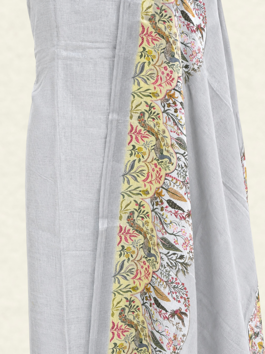 Pure Linen Grey Suit Set with Printed Dupatta