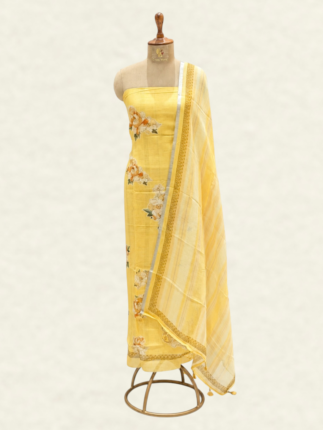 Pure Linen Sunshine Yellow Floral Printed Suit Set with Woven Dupatta