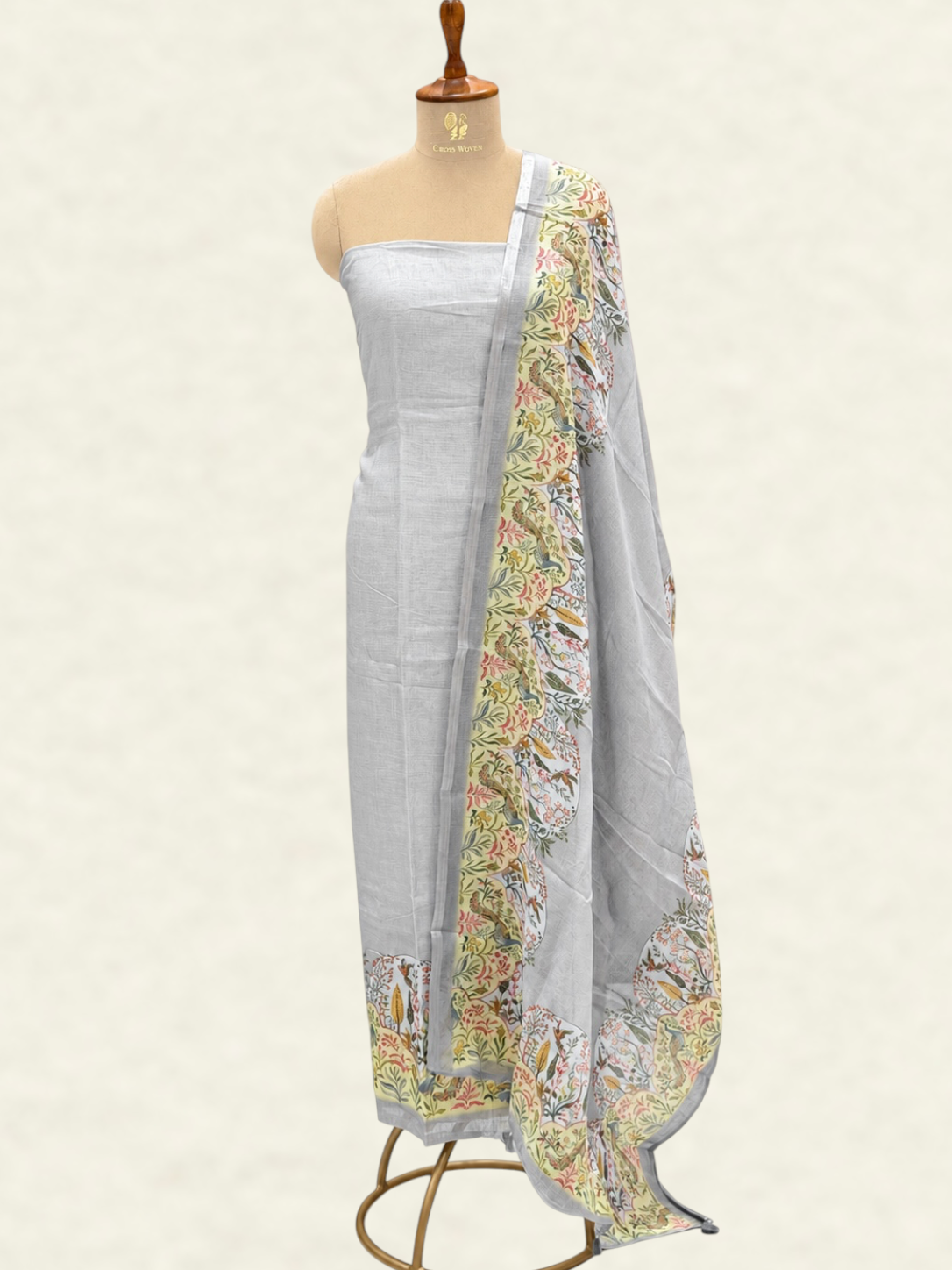 Pure Linen Grey Suit Set with Printed Dupatta