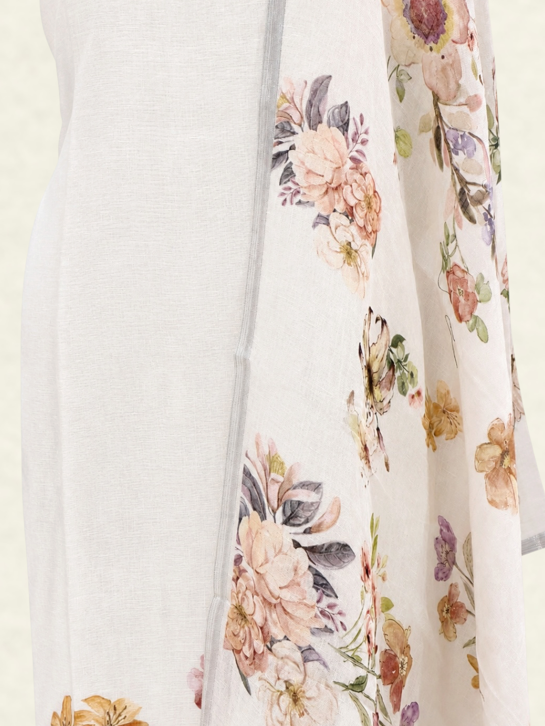 Pure Linen White Floral Printed Suit Set with Elegant Floral Dupatta