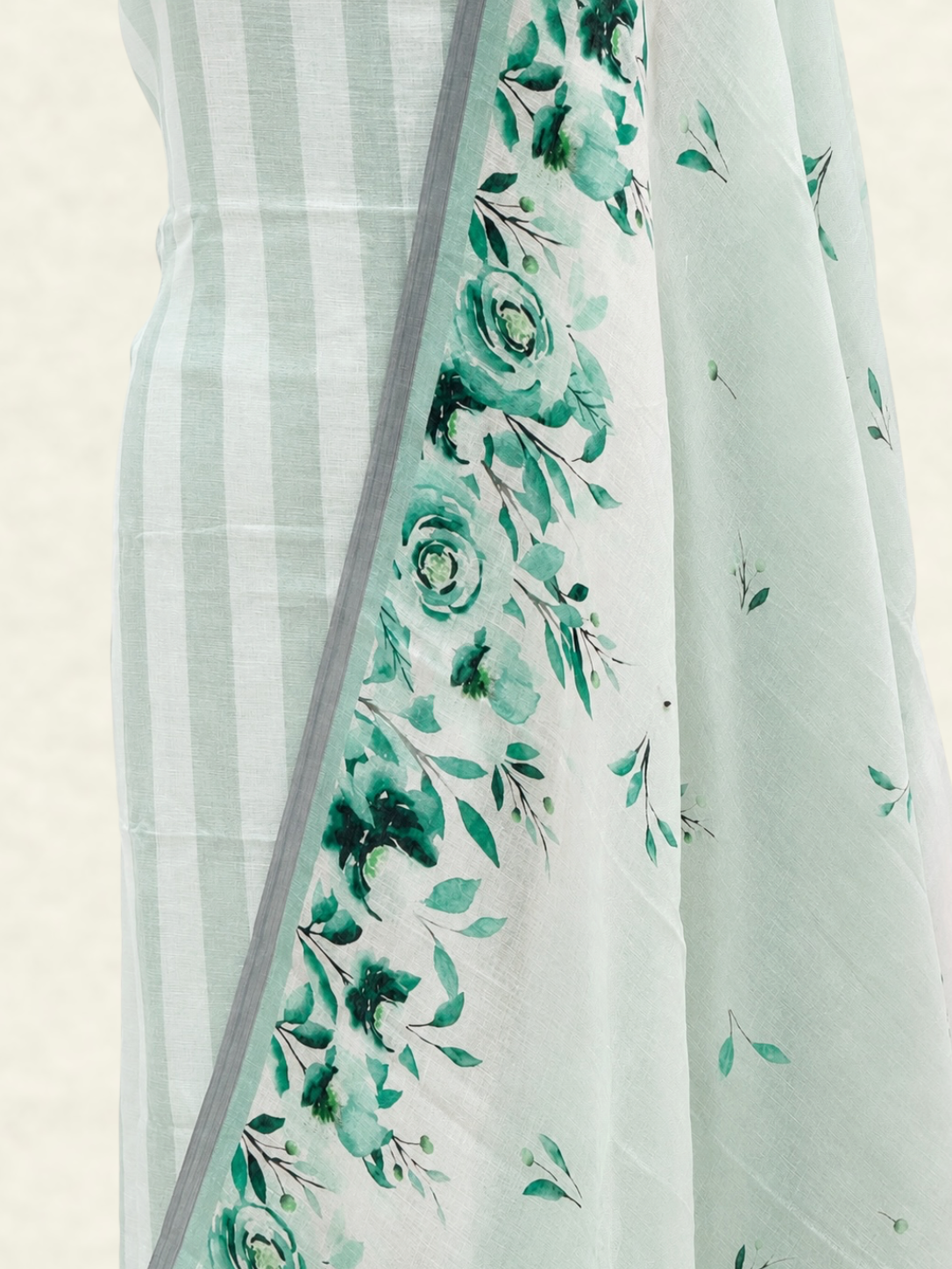 Pure Linen Mint Green Striped Floral Printed Suit Set with Mul Dupatta