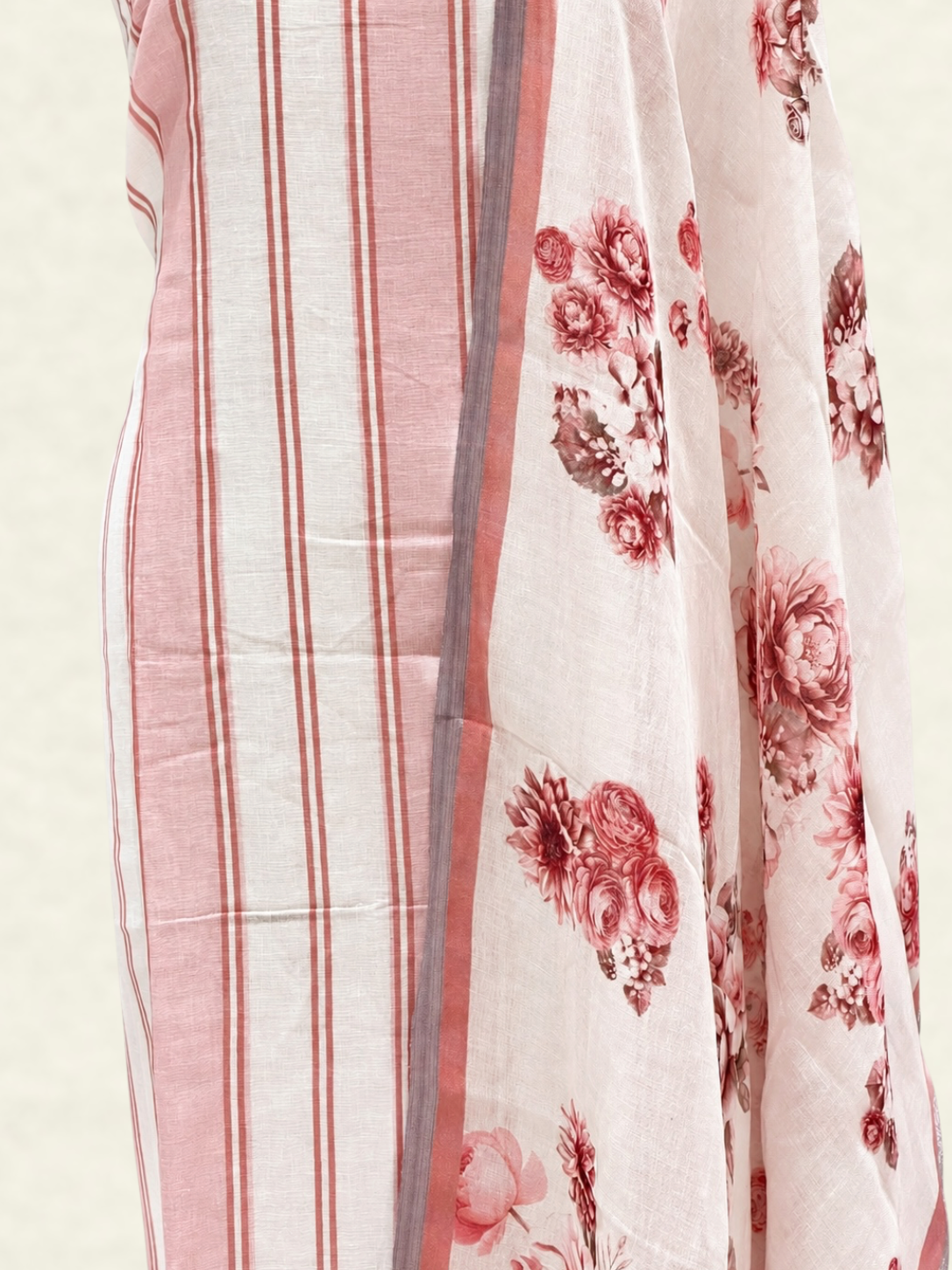 Pure Linen Peach Striped Suit Set with Floral Printed Dupatta