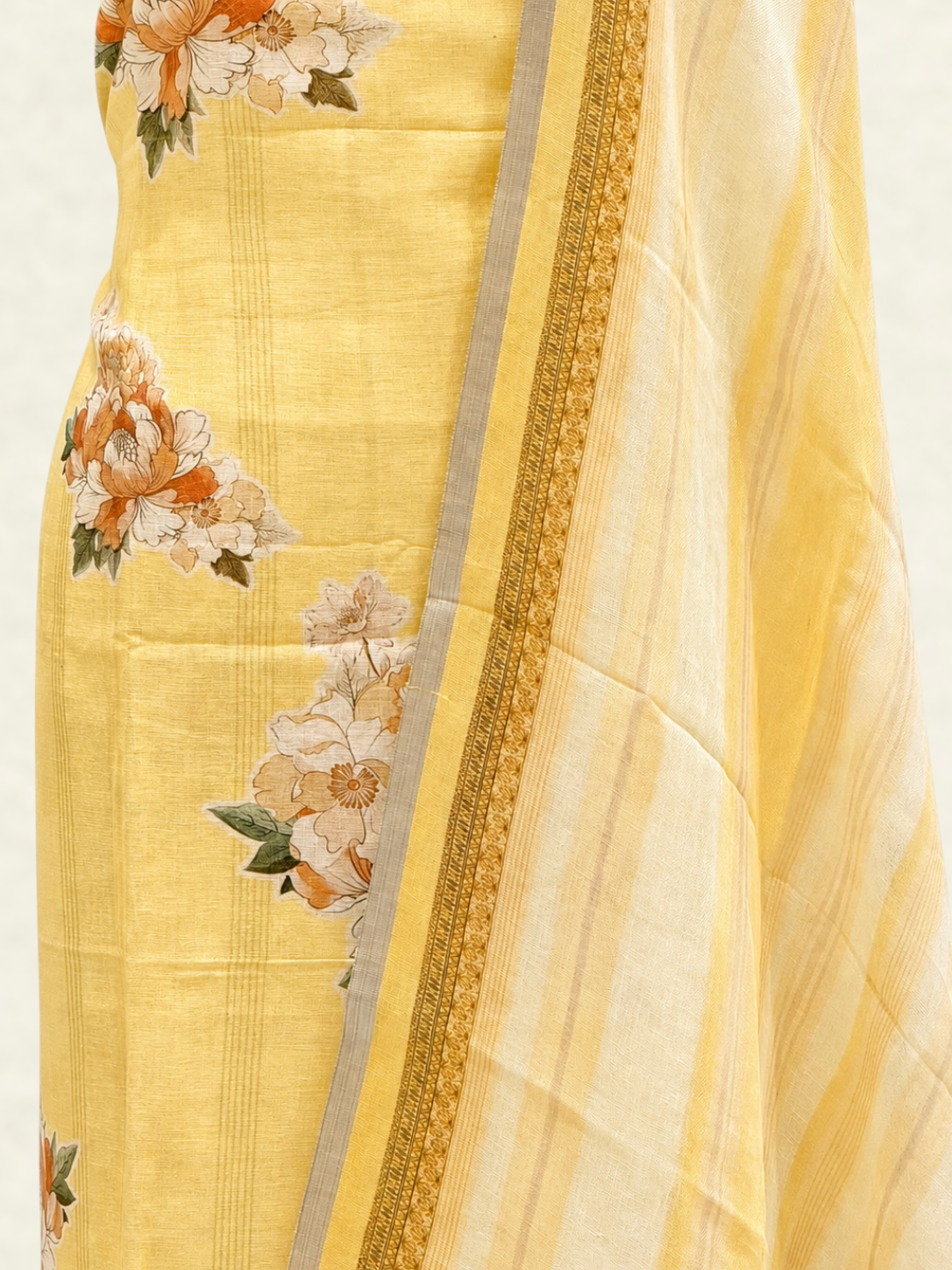 Pure Linen Sunshine Yellow Floral Printed Suit Set with Woven Dupatta