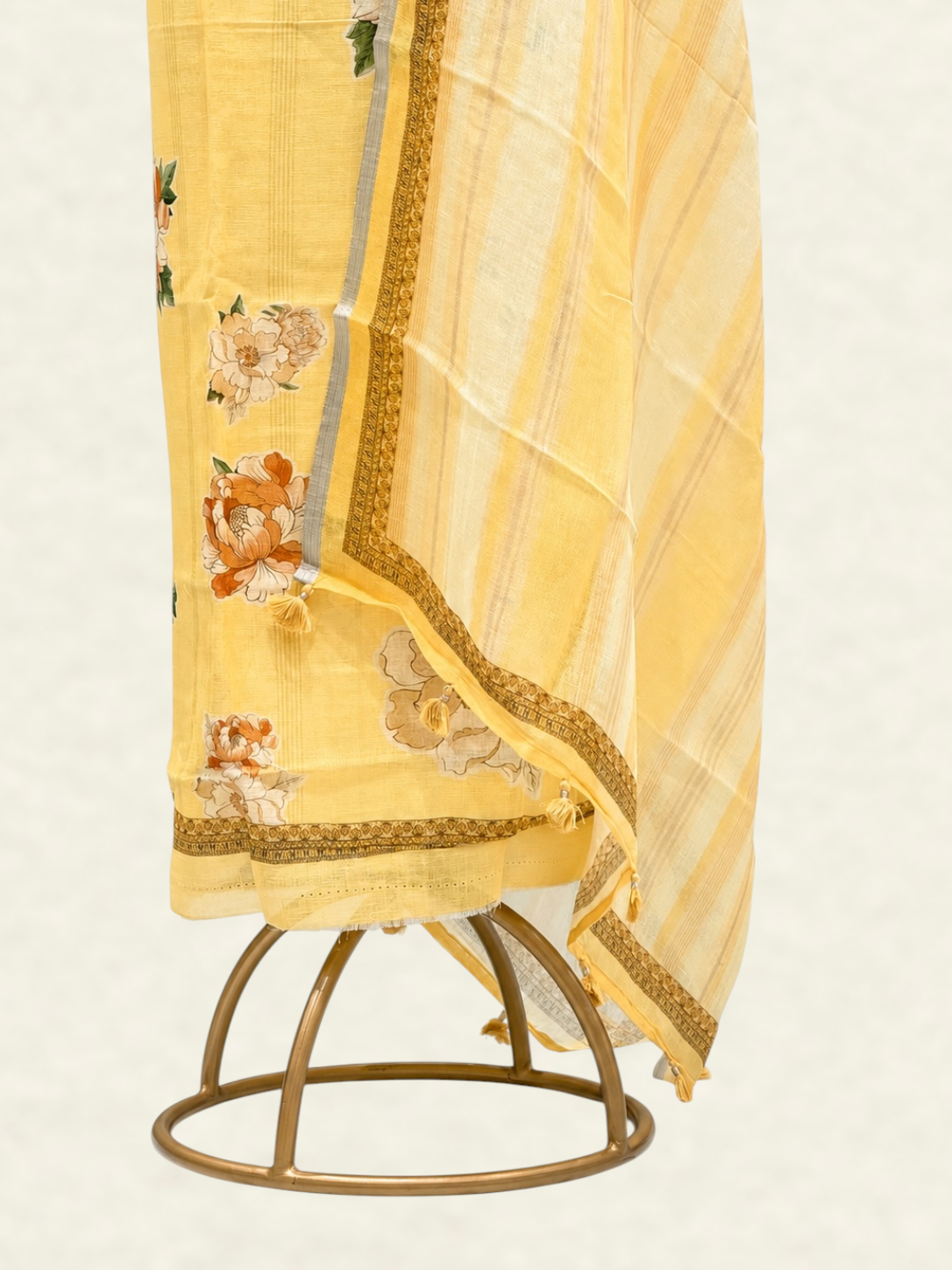 Pure Linen Sunshine Yellow Floral Printed Suit Set with Woven Dupatta