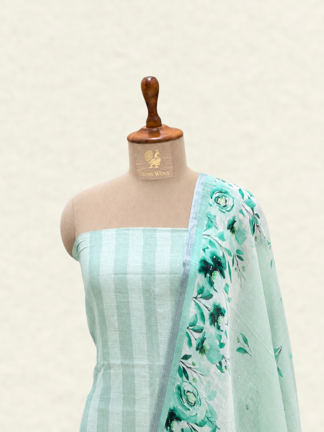 Pure Linen Mint Green Striped Floral Printed Suit Set with Mul Dupatta