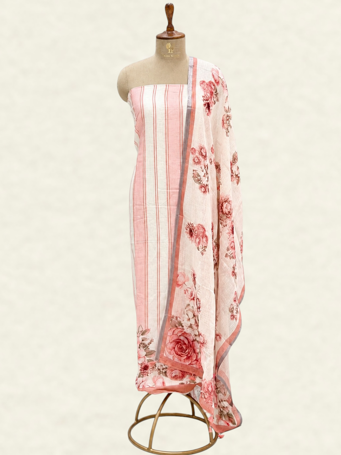 Pure Linen Peach Striped Suit Set with Floral Printed Dupatta