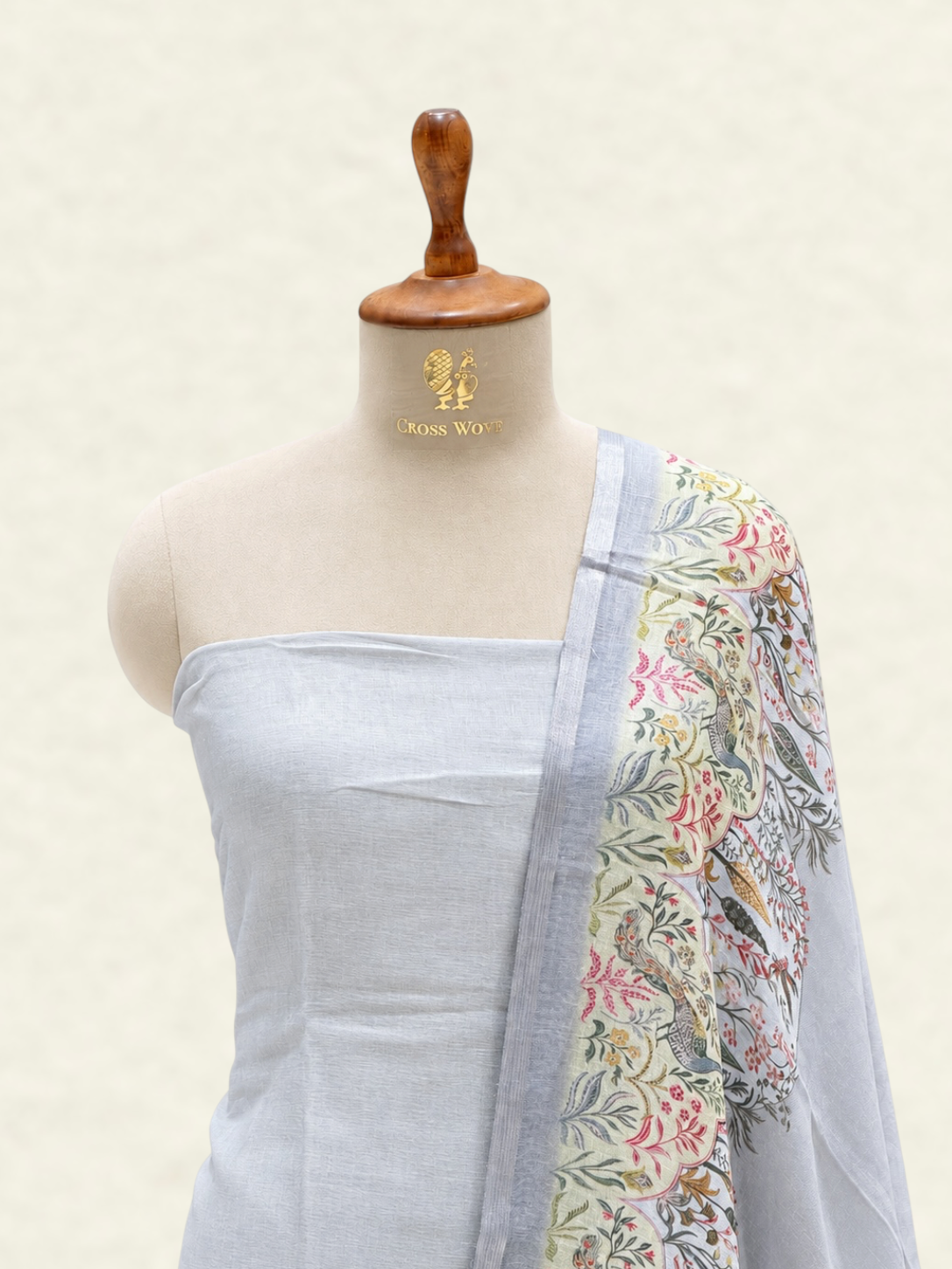 Pure Linen Grey Suit Set with Printed Dupatta