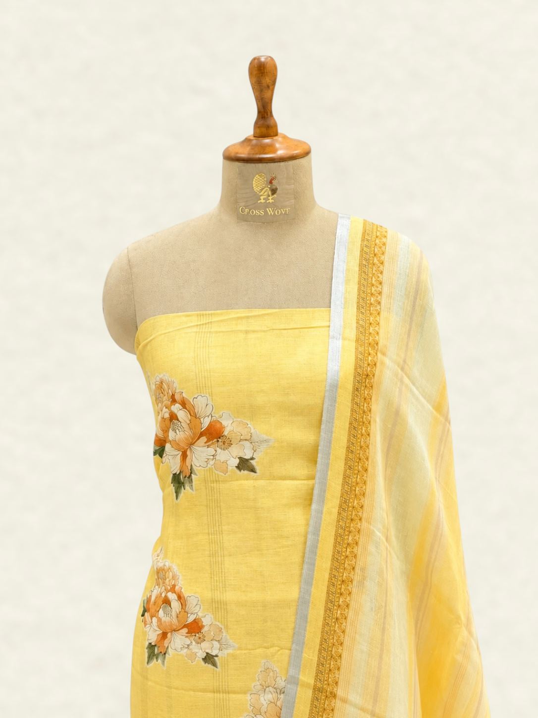 Pure Linen Sunshine Yellow Floral Printed Suit Set with Woven Dupatta
