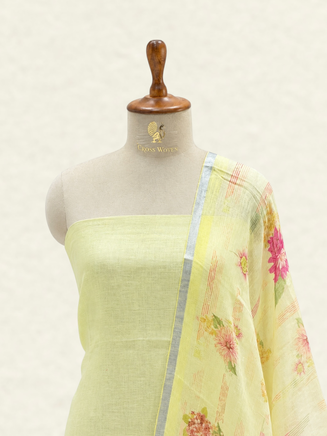 Pure Linen Pista Green Floral Printed Suit Set with Mul Dupatta