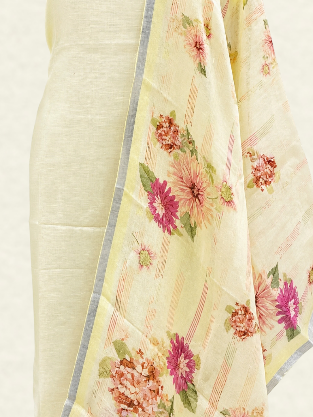 Pure Linen Pista Green Floral Printed Suit Set with Mul Dupatta