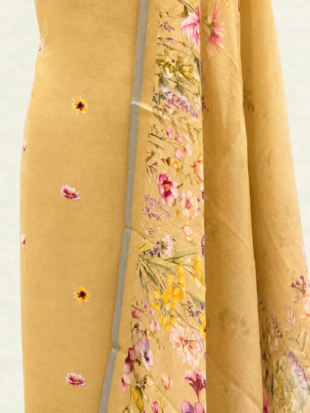 Pure Linen Mustard Floral Printed Suit Set with Coordinated Mul Dupatta