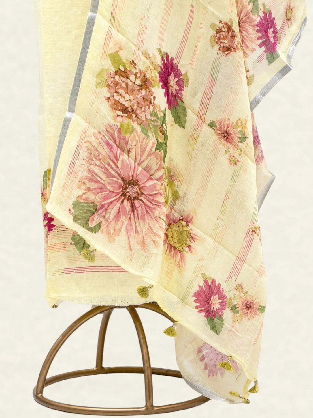 Pure Linen Pista Green Floral Printed Suit Set with Mul Dupatta