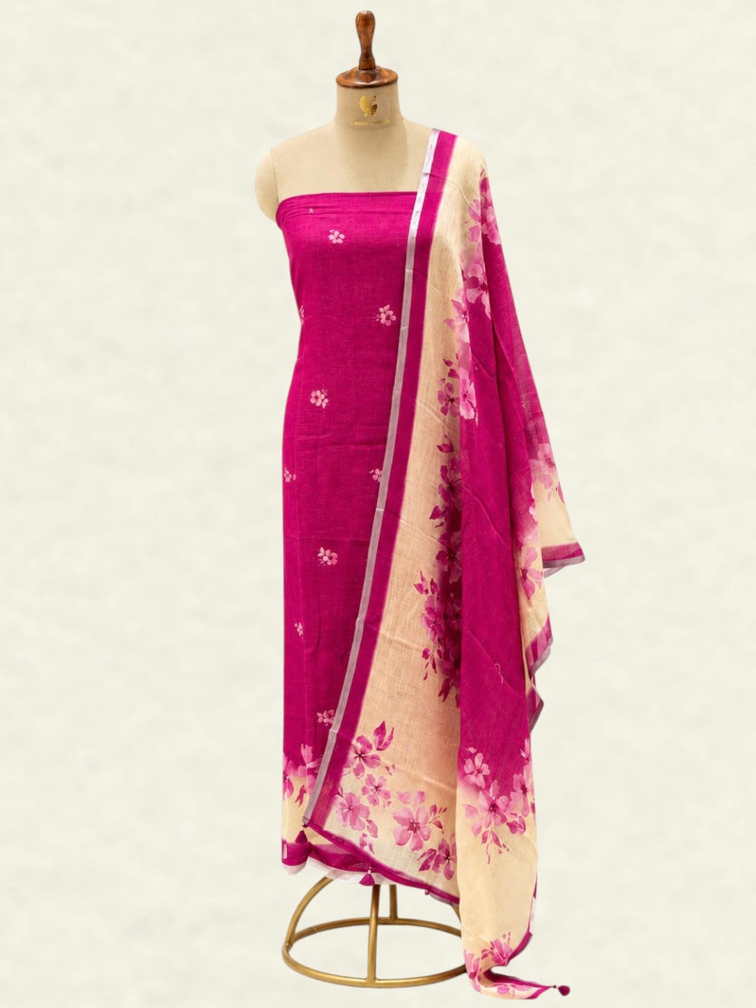 Fuchsia Pink Pure Linen Floral Booti Suit Set