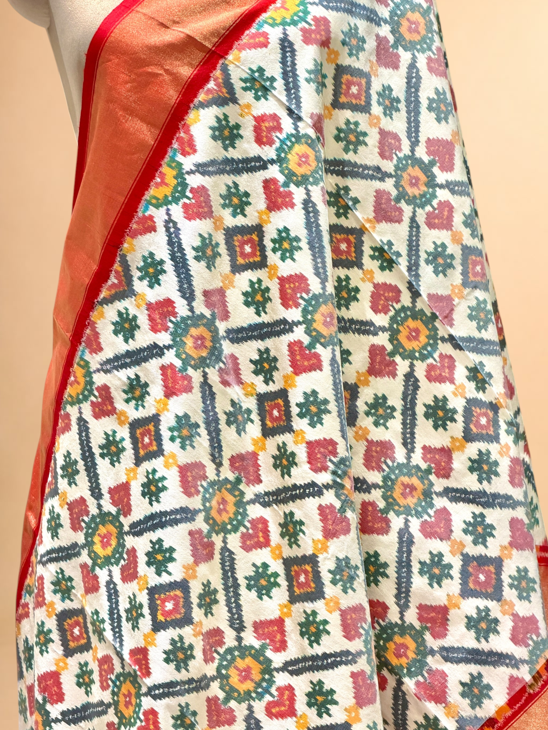 )ff- White Banarasi Katan Silk Ikkat Dupatta