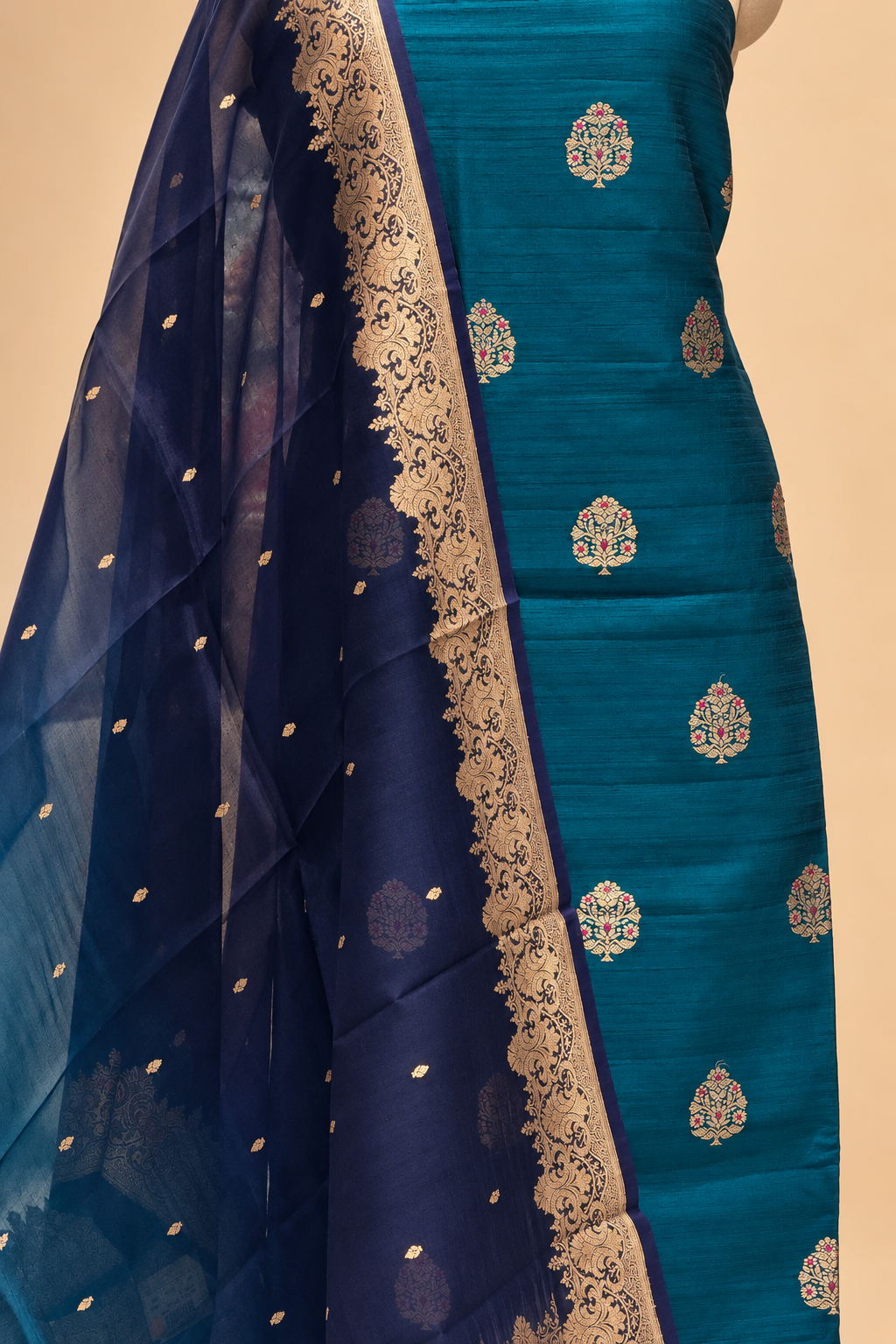 Deep Teal Pure Raw Silk Suit Set with Ombré Organza Dupatta