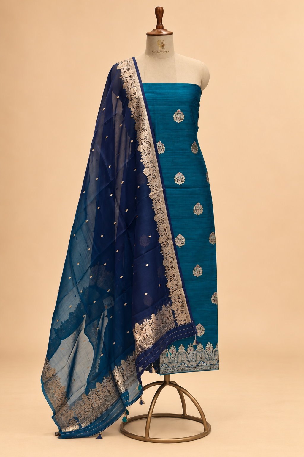 Deep Teal Pure Raw Silk Suit Set with Ombré Organza Dupatta