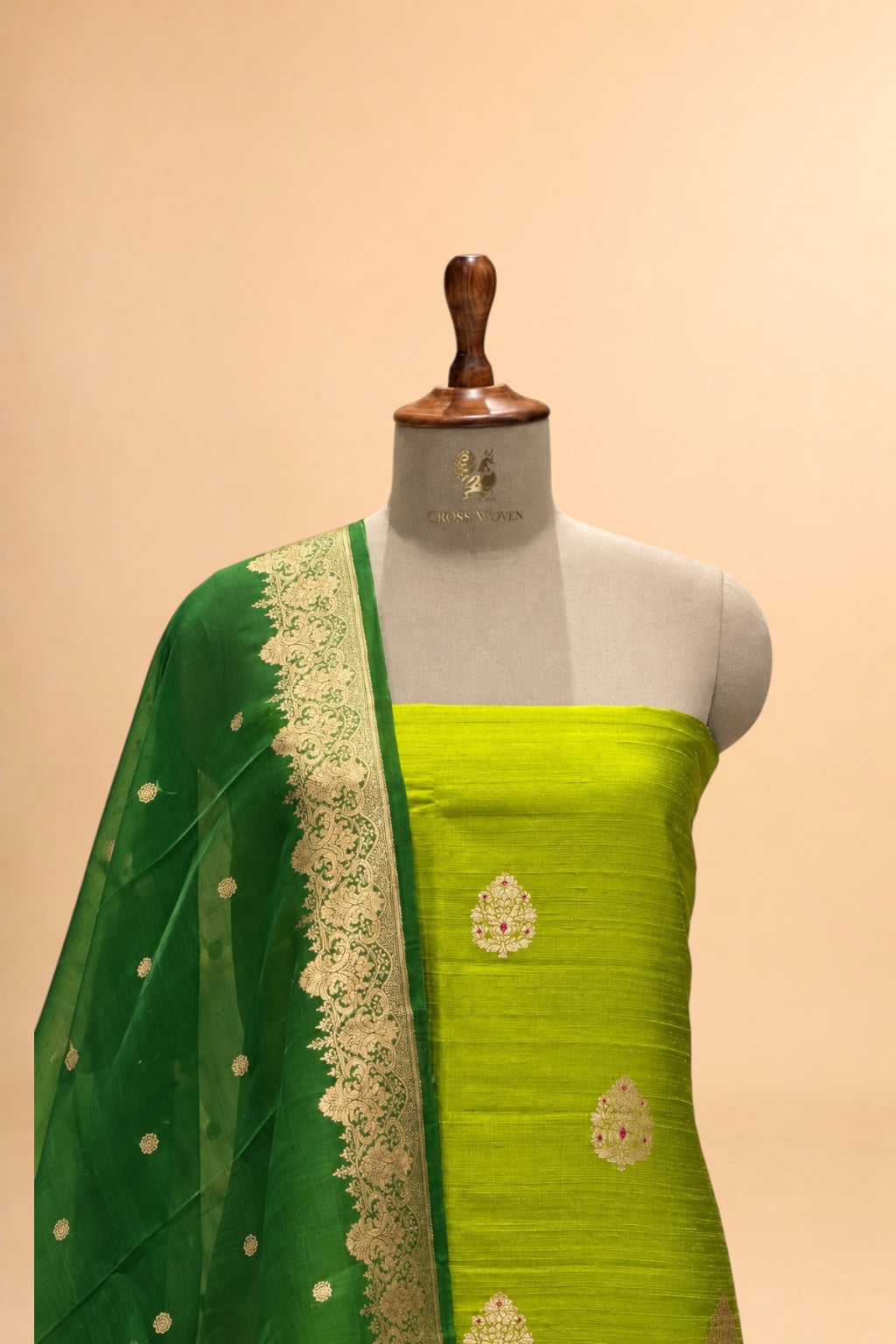 Lime Green Pure Raw Silk Suit Set with Ombré Organza Dupatta