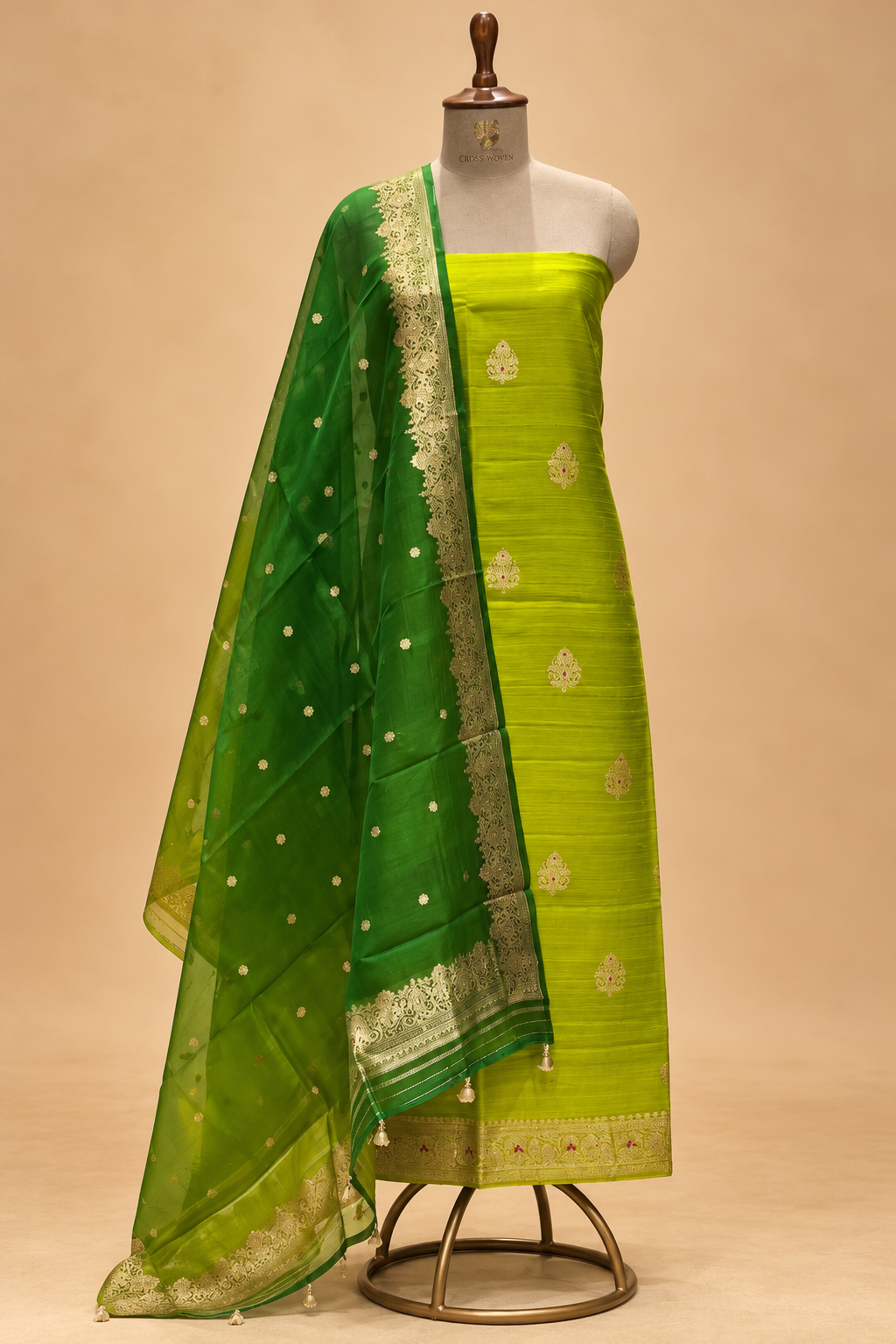 Lime Green Pure Raw Silk Suit Set with Ombré Organza Dupatta