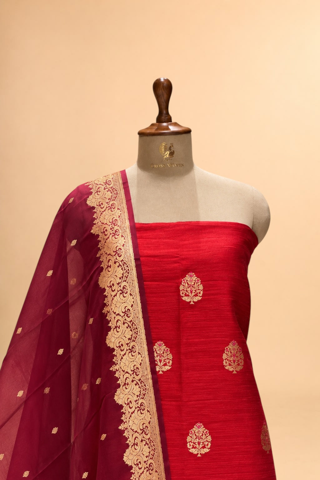 Bright Red Pure Raw Silk Suit Set with Ombré Organza Dupatta