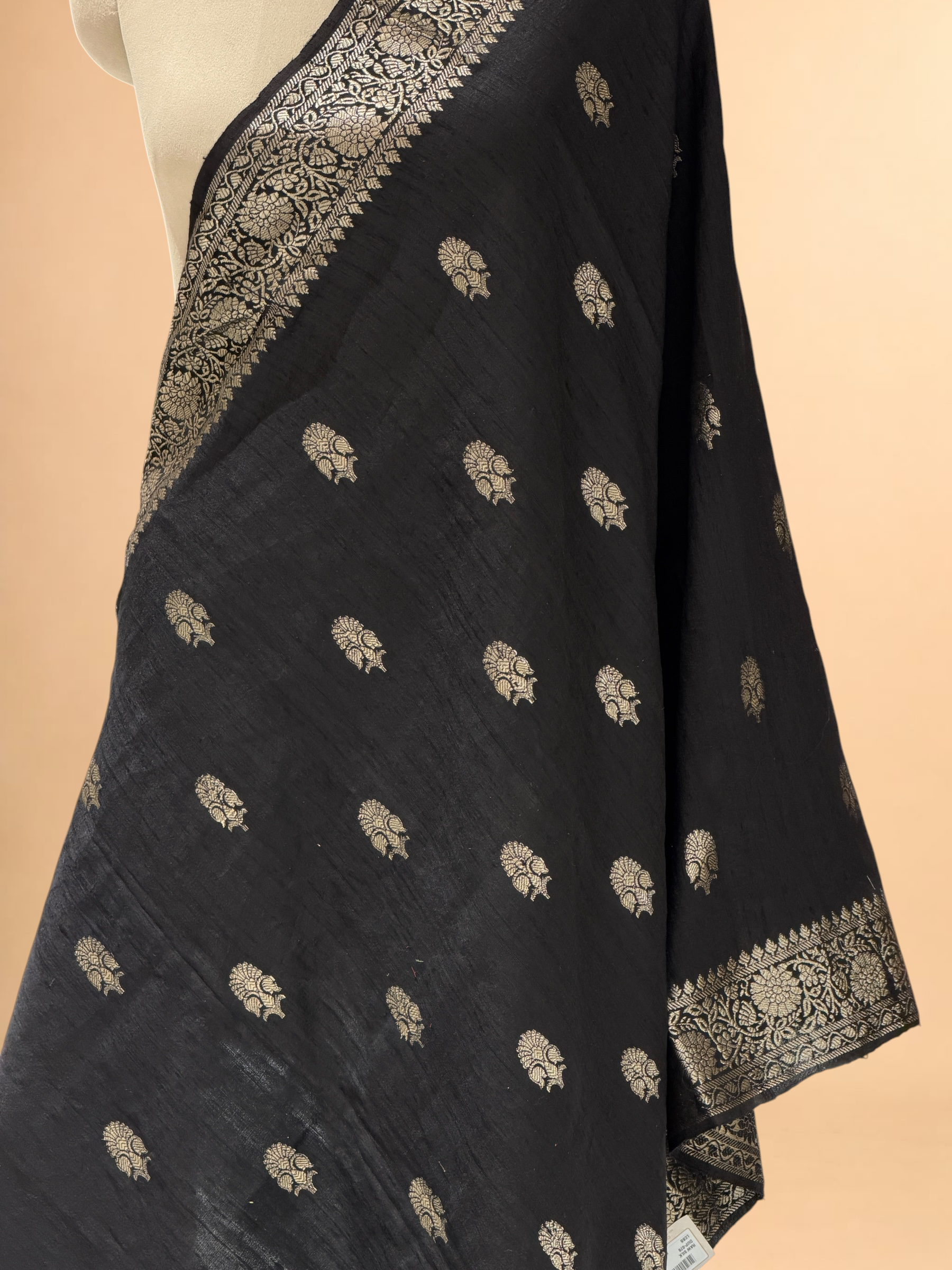 Black Banarasi Raw Silk Dupatta with Gold Zari Floral Bootis