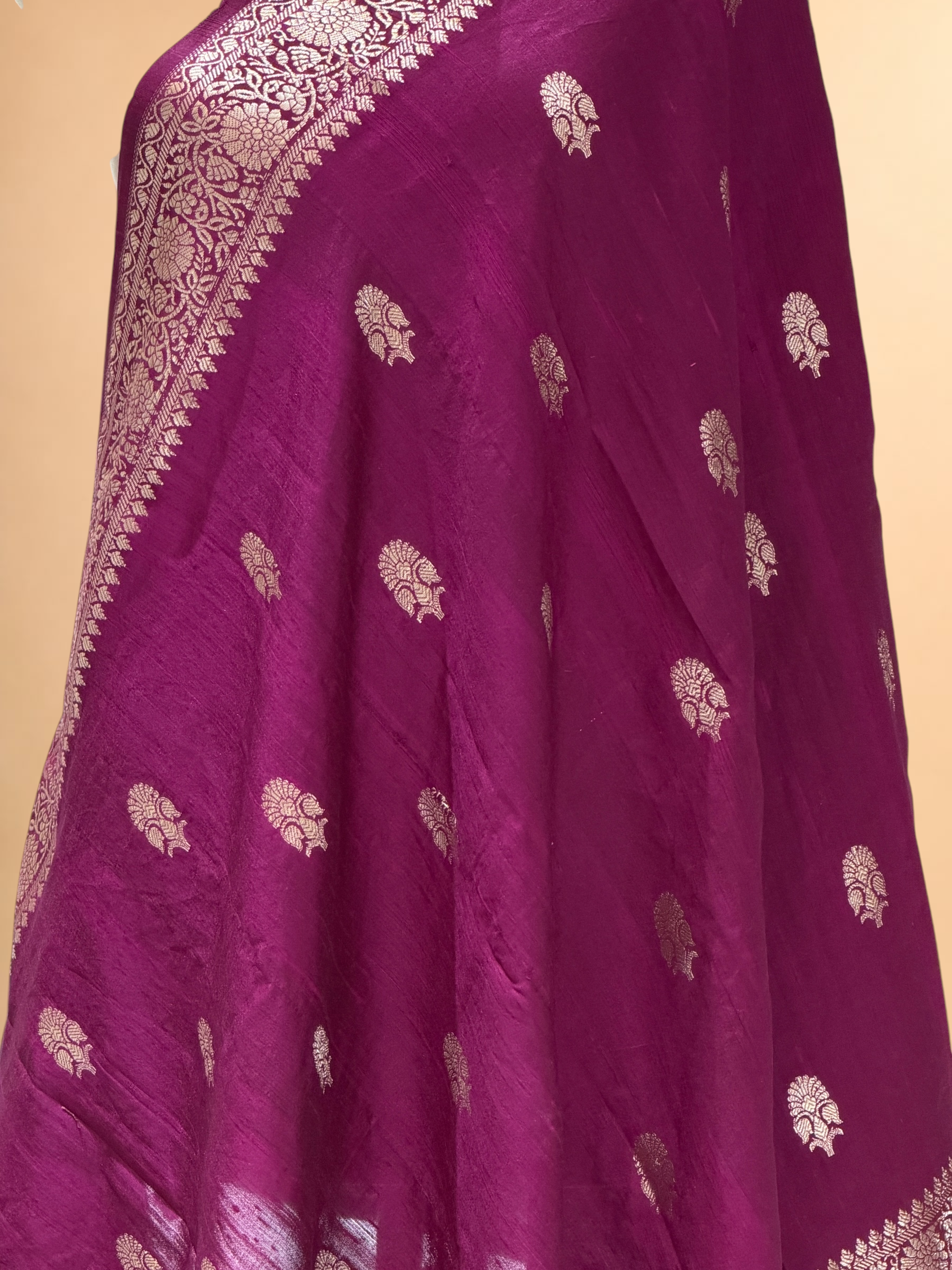 Wine Magenta Banarasi Raw Silk Dupatta with Gold Zari Floral Bootis