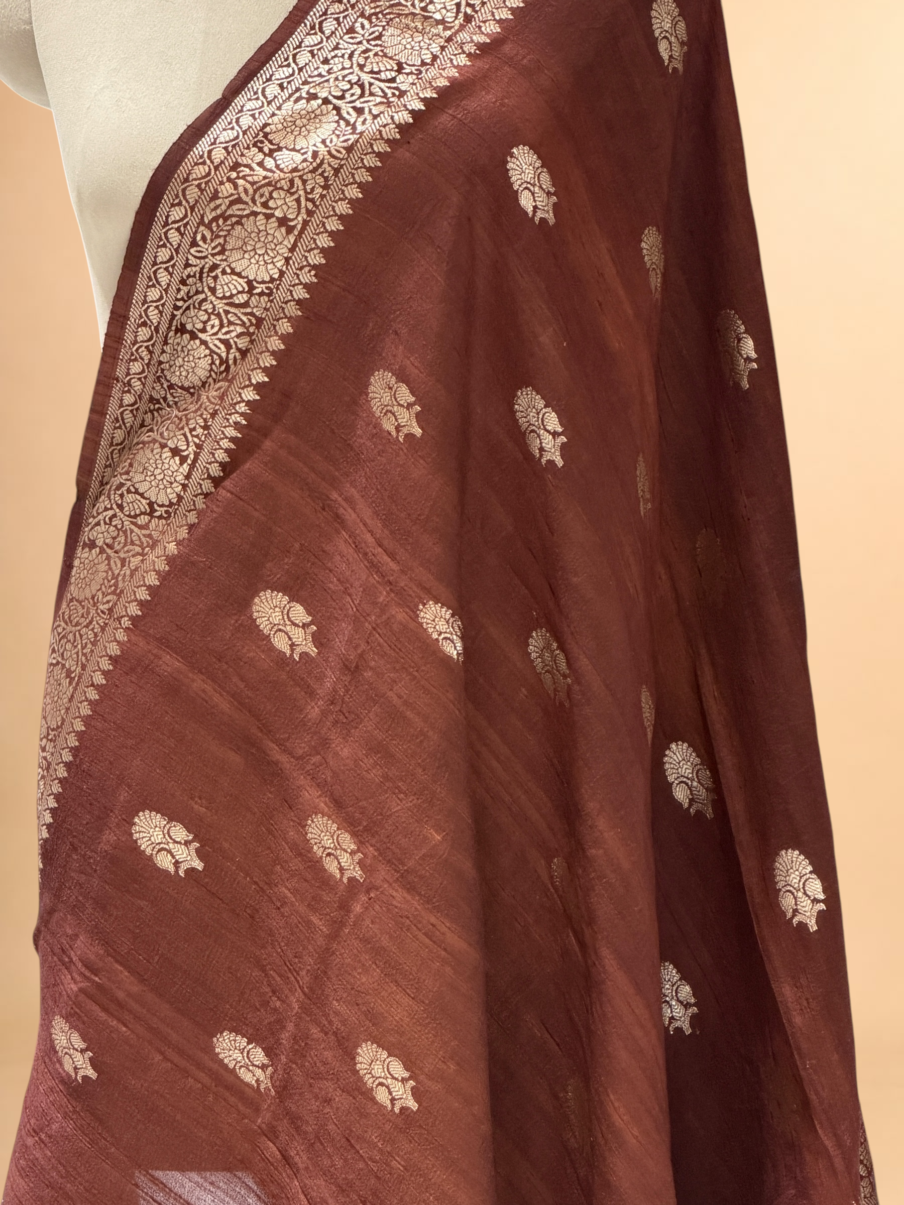 Coffee Brown Banarasi Raw Silk Dupatta with Gold Zari Floral Bootis