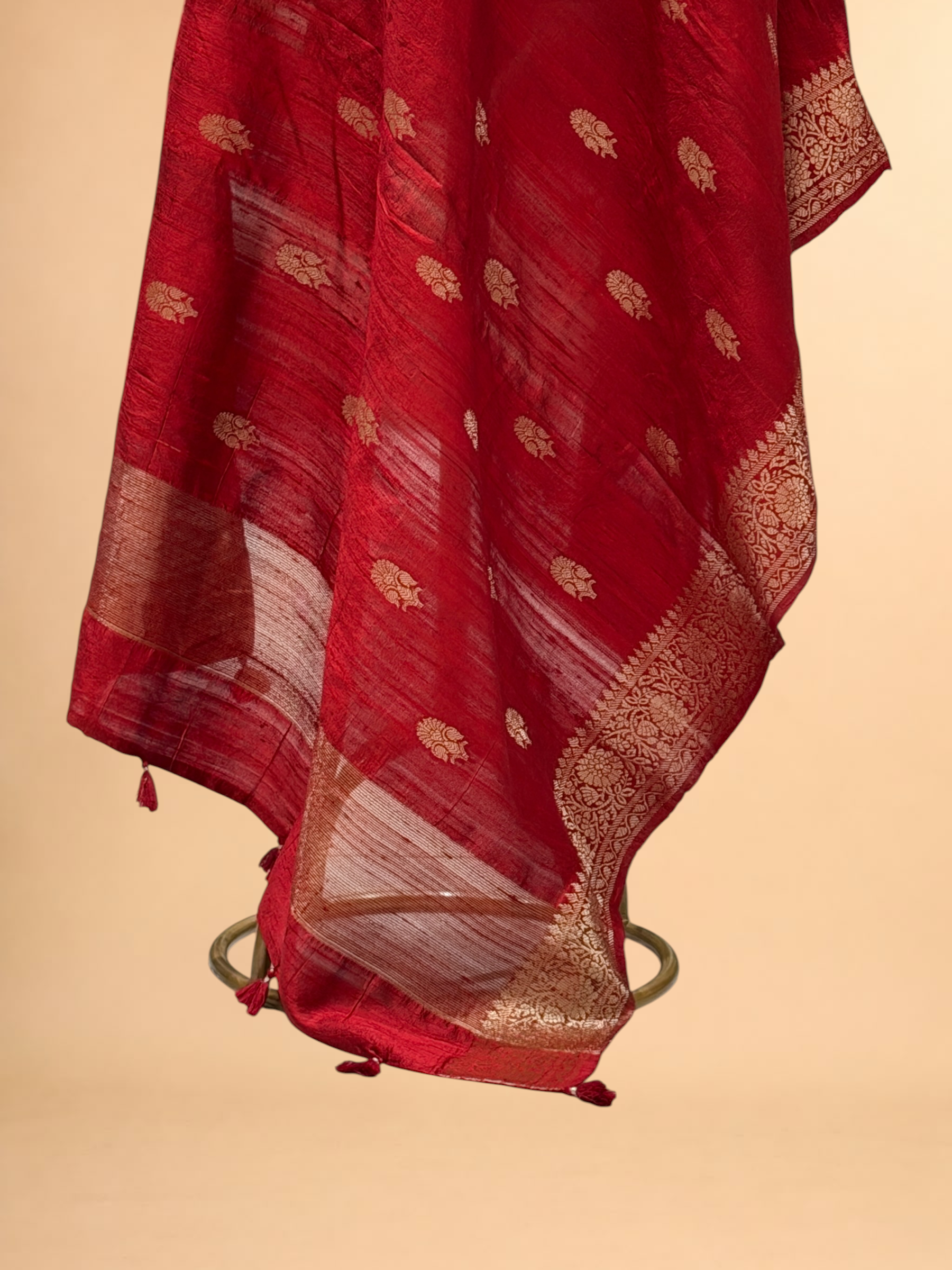Crimson Red Banarasi Raw Silk Dupatta with Gold Zari Floral Bootis
