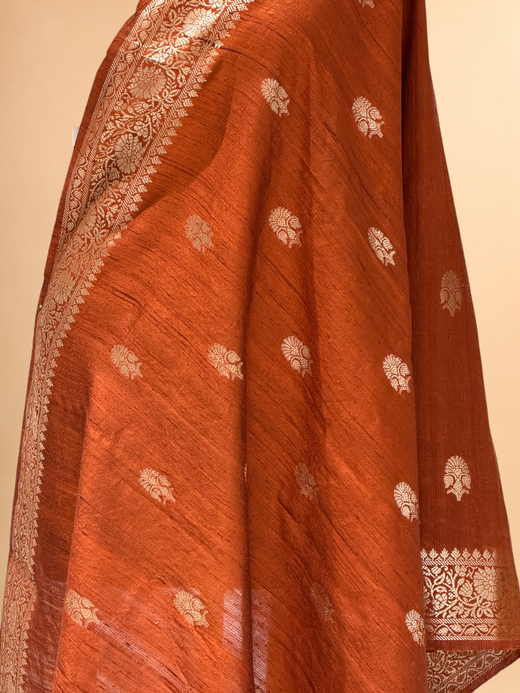 Rust Orange Banarasi Raw Silk Dupatta with Gold Zari Floral Bootis