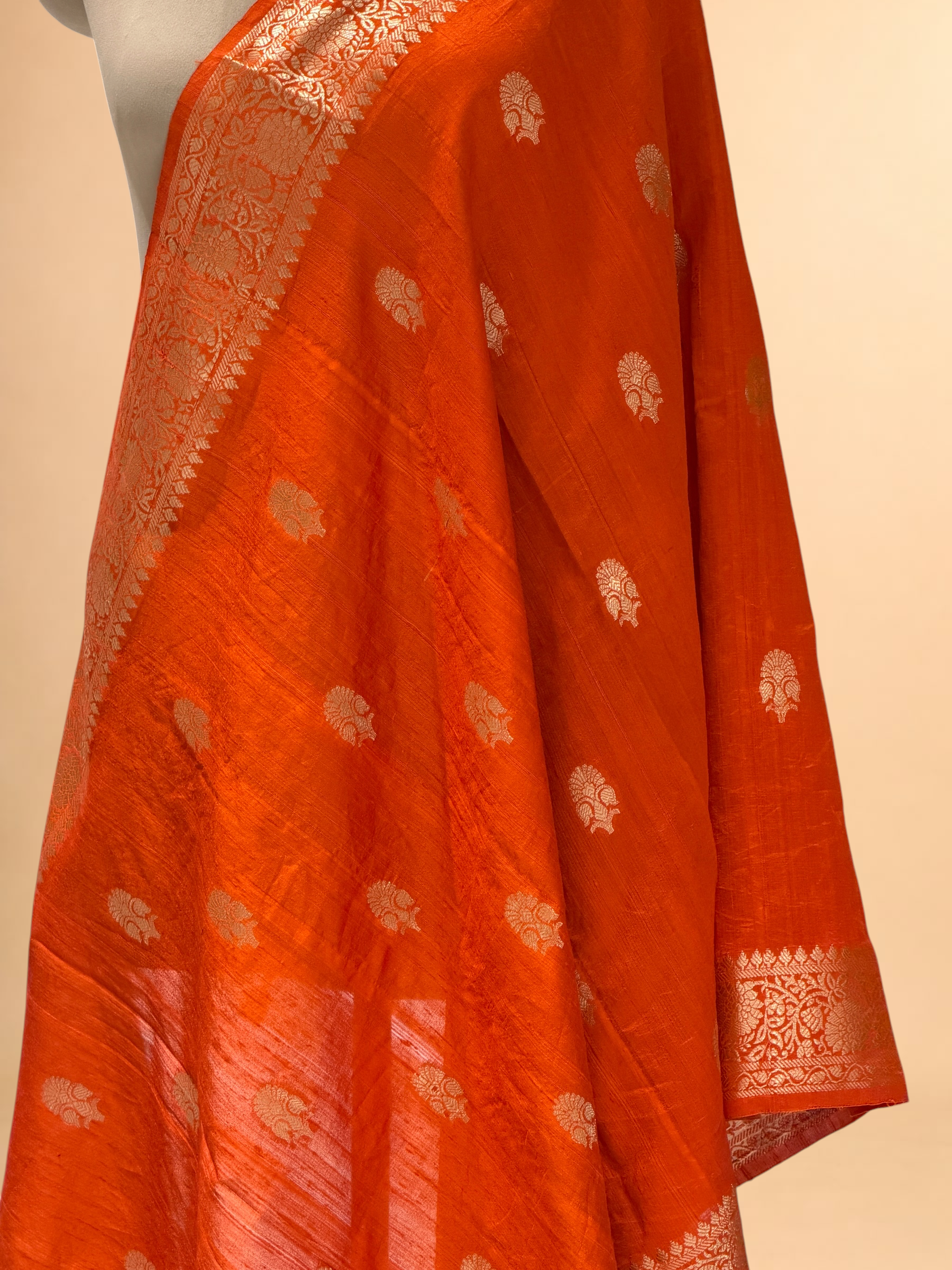 Orange Banarasi Raw Silk Dupatta with Gold Zari Floral Bootis