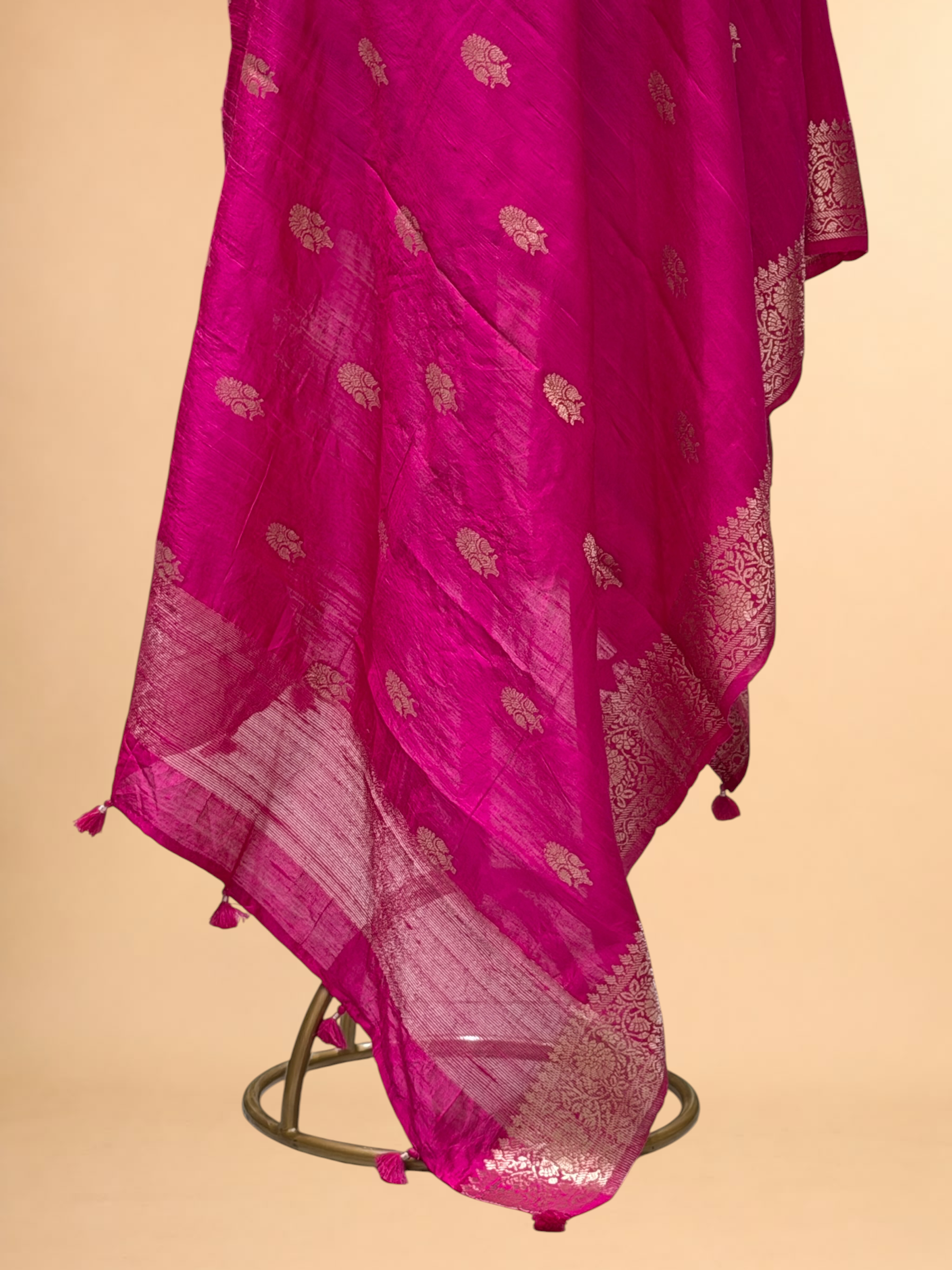 Hot Pink Banarasi Raw Silk Dupatta with Gold Zari Floral Bootis