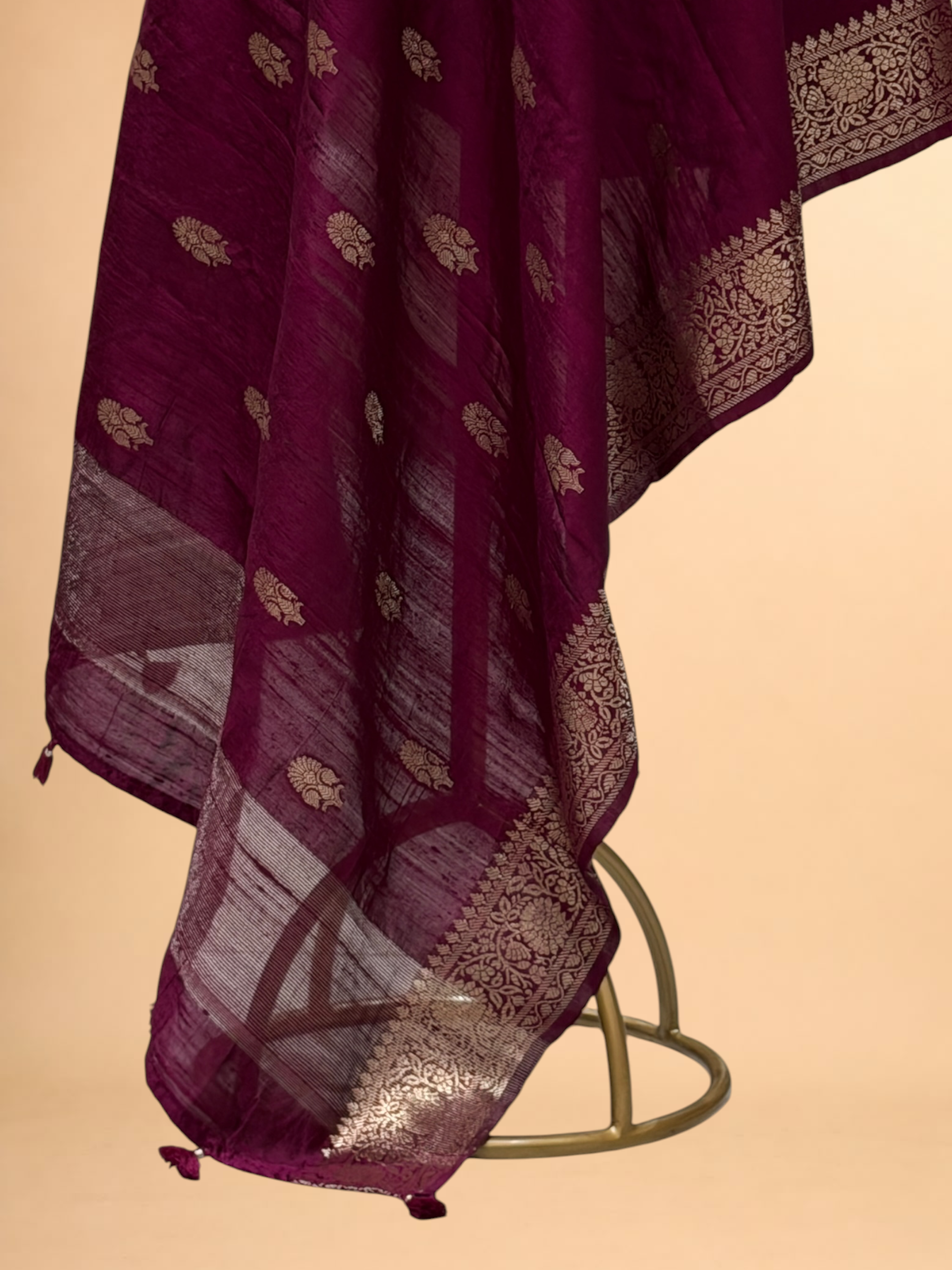 Wine Magenta Banarasi Raw Silk Dupatta with Gold Zari Floral Bootis