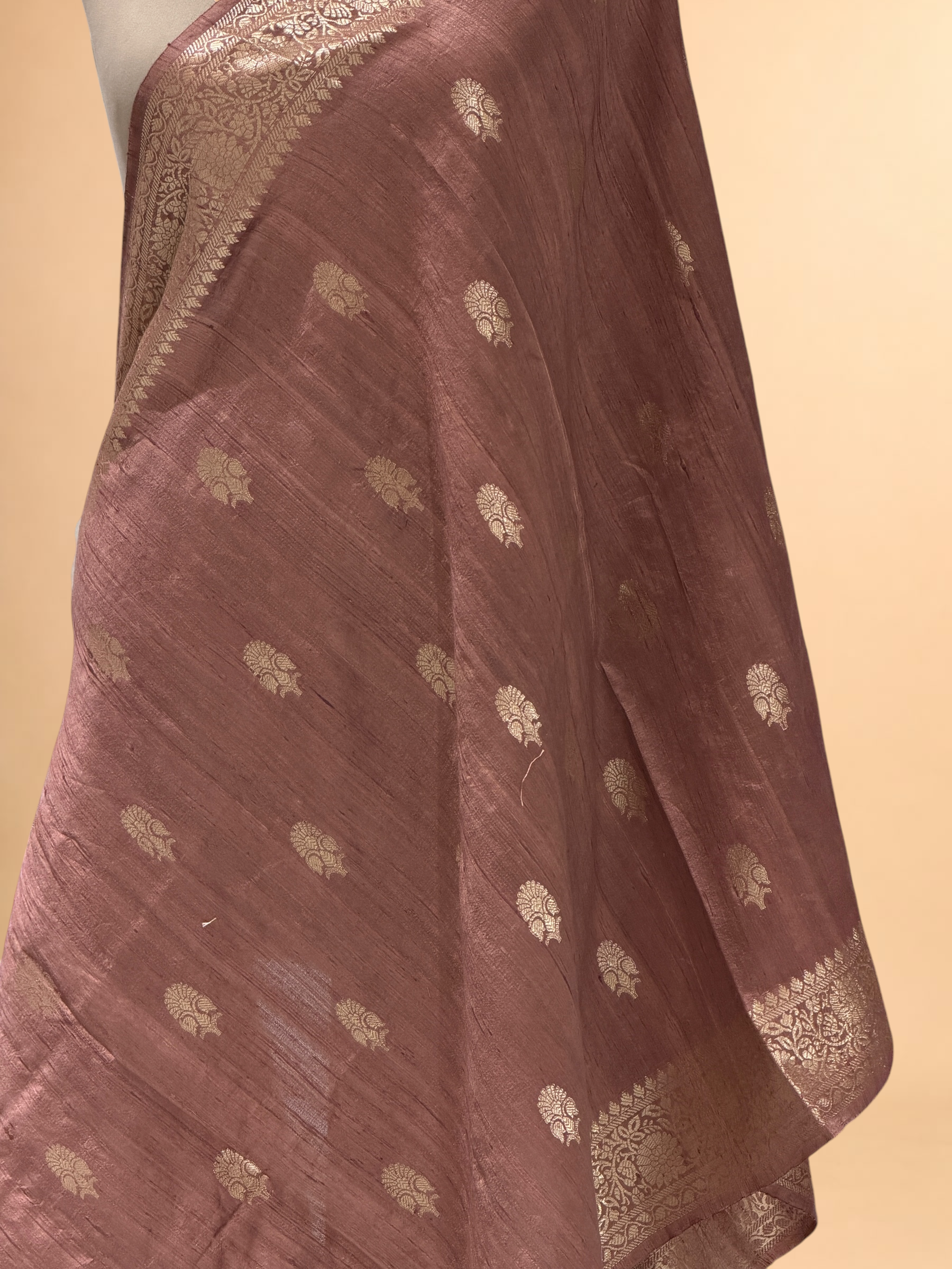 Dusty Mauve Banarasi Raw Silk Dupatta with Gold Zari Floral Bootis