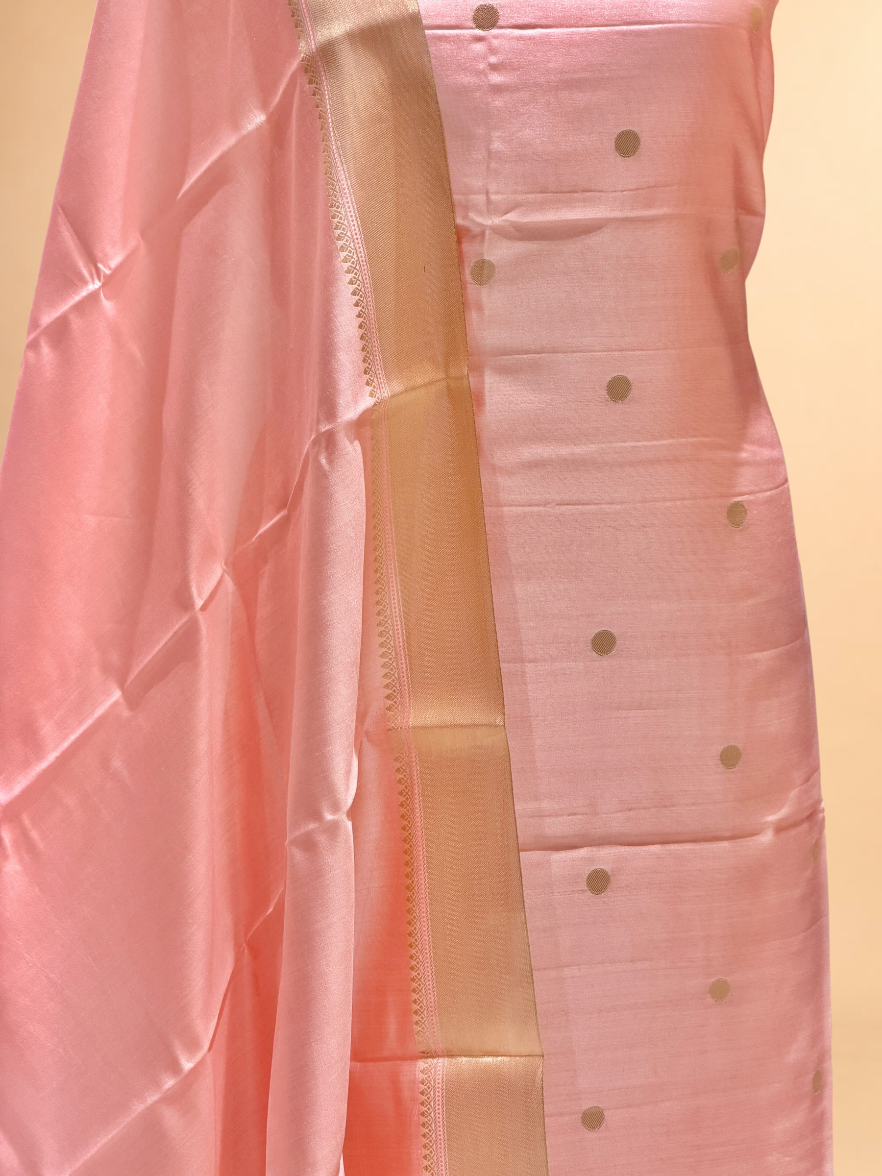 Peach Pink Soft Silk Suit Set With Zari Border Dupatta