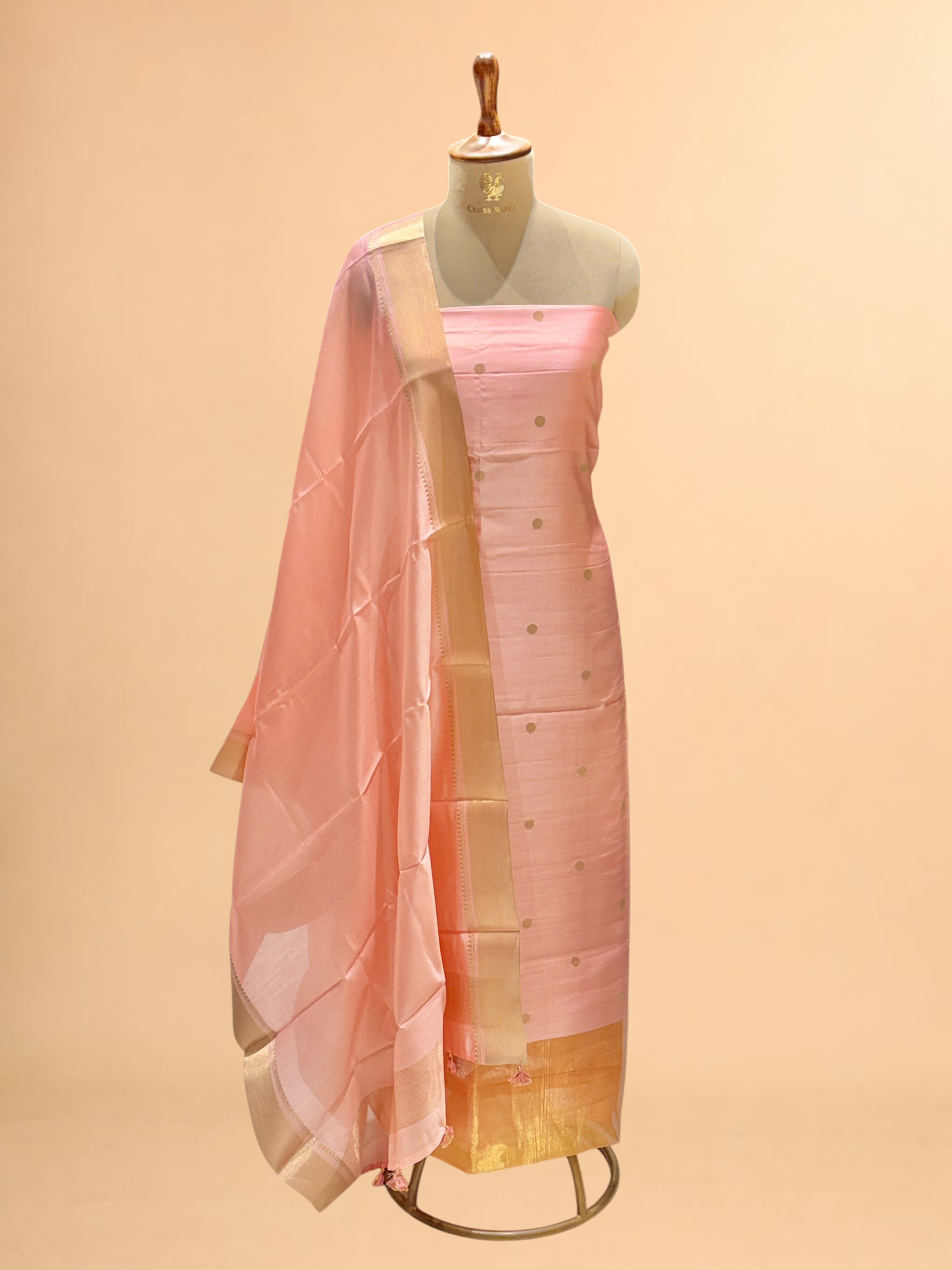 Peach Pink Soft Silk Suit Set With Zari Border Dupatta