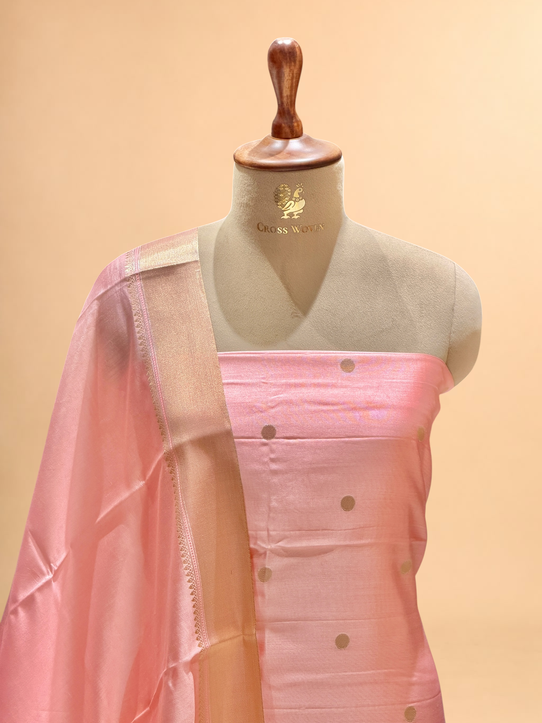 Peach Pink Soft Silk Suit Set With Zari Border Dupatta