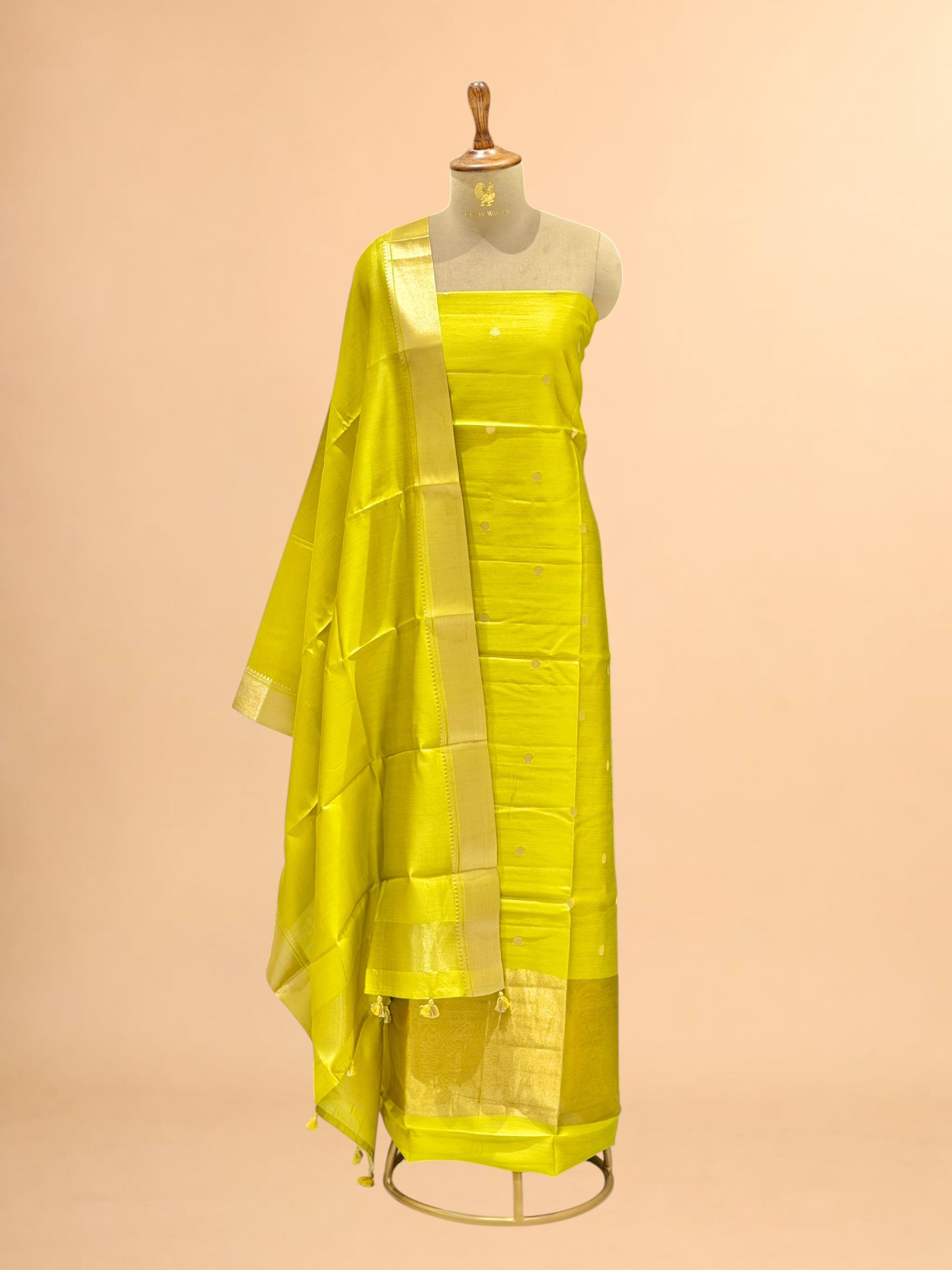 Lime Yellow Soft Silk Suit Set With Zari Border Dupatta