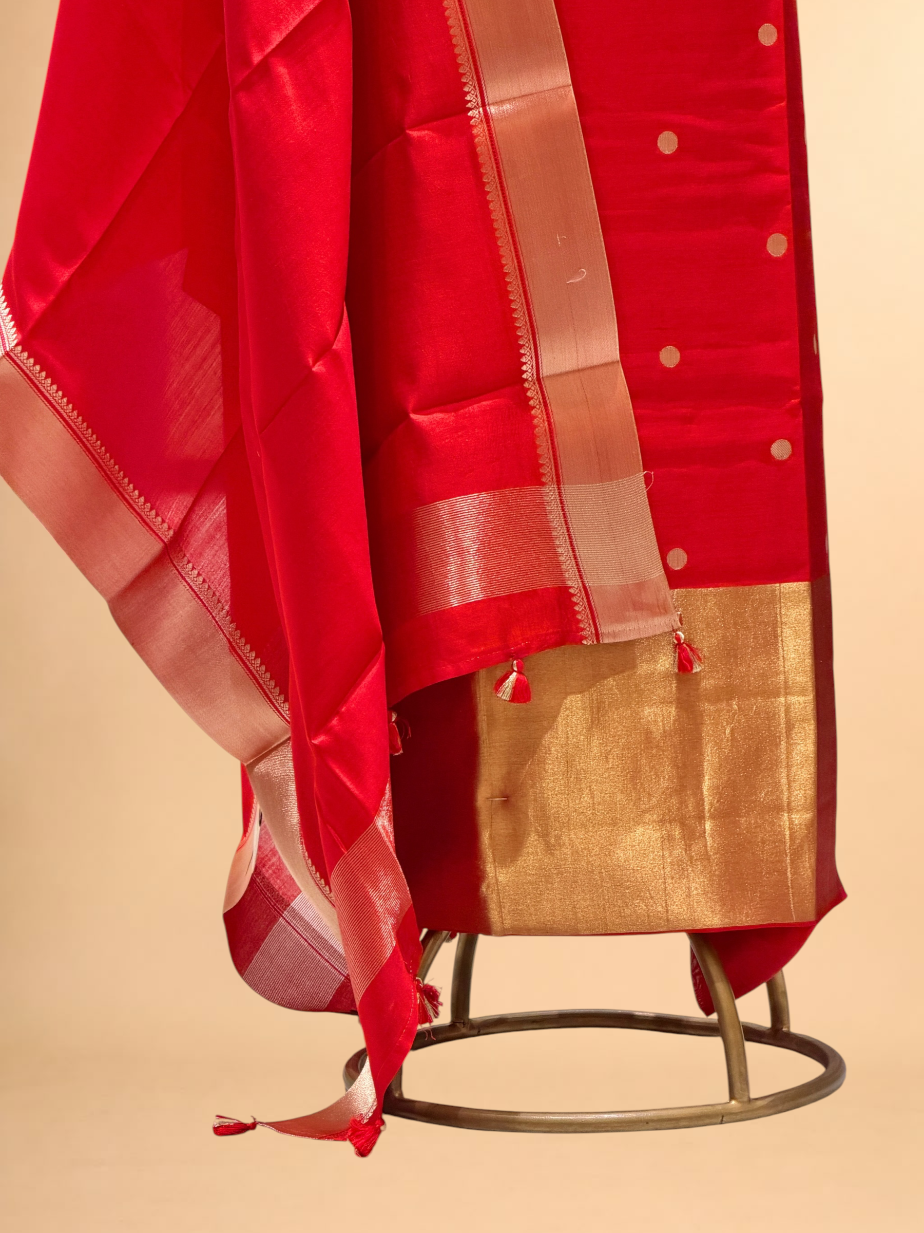 Red Soft Silk Suit Set With Zari Border Dupatta
