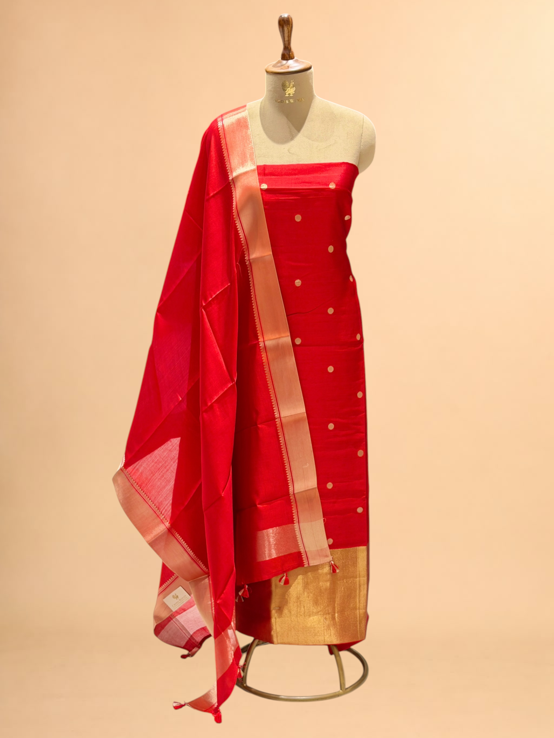 Red Soft Silk Suit Set With Zari Border Dupatta